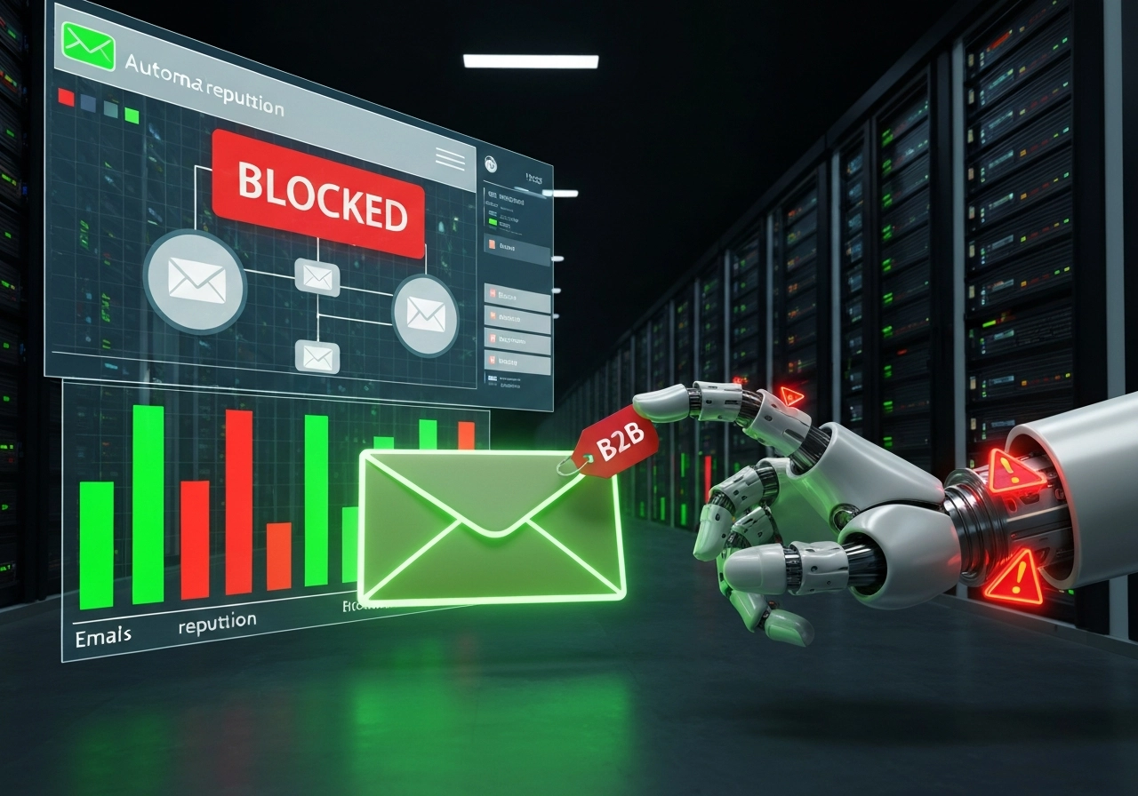 A highly detailed, realistic image of a digital dashboard showing a red 'BLOCKED' notification over a network diagram. In the foreground, a glowing green envelope with a 'B2B' tag is being intercepted by a large mechanical hand with red warning symbols. The background is a data center with rows of servers displaying bar graphs of email reputation scores dropping from green to red. The image should emphasize the frustration and unfairness of automated blocking systems.