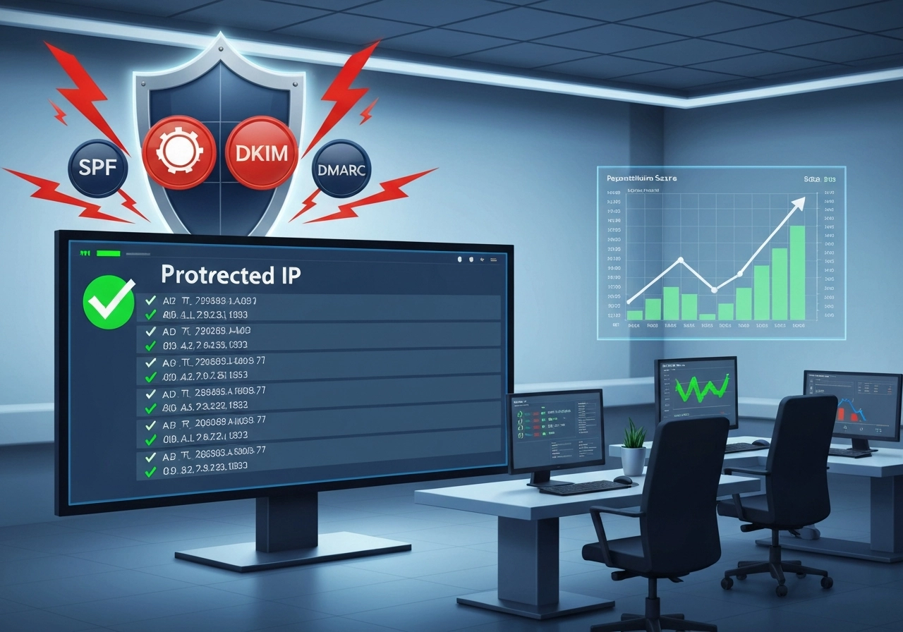 A realistic digital illustration of a network control room with a large central screen showing a green checkmark next to a list of 'Protected' IP addresses. In the background, a virtual shield symbolizing email authentication (with SPF, DKIM, DMARC logos) deflects red warning bolts. A small chart on the right displays a reputation score trending upward. The image should convey safety, control, and proactive protection for B2B senders.