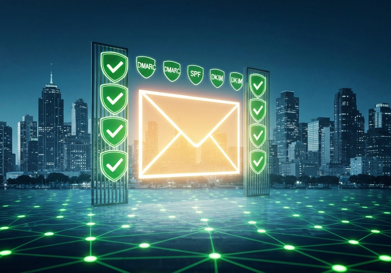 A futuristic, hopeful image of a large glowing email envelope passing through a gate of green checkmarks and shields labeled 'DMARC','SPF','DKIM'. In the background, a city skyline with digital skyscrapers representing businesses of all sizes. The foreground shows a network of connected dots (representing B2B contacts) glowing green, indicating successful delivery. The image should suggest progress, trust, and a bright future where legitimate emails flow freely.