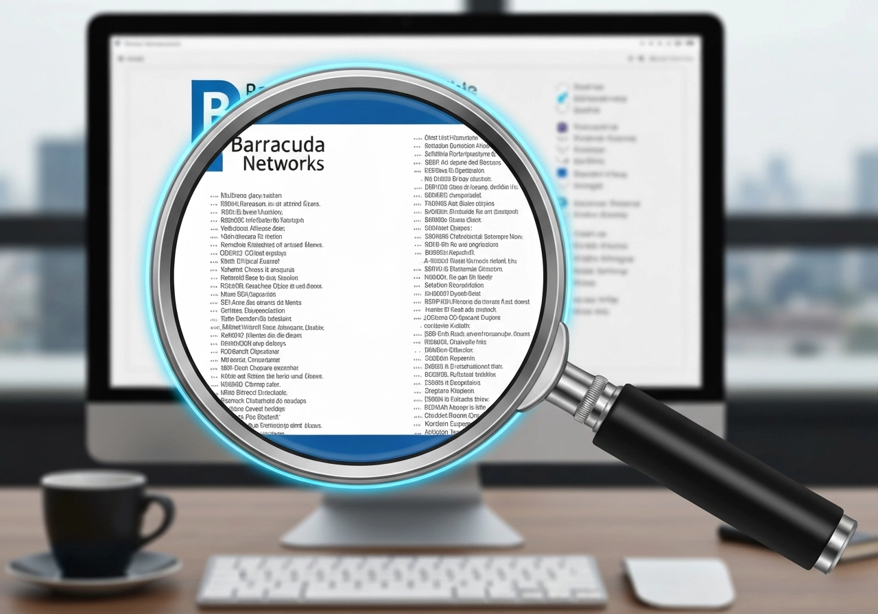 A realistic digital illustration depicting a magnifying glass placed over a computer screen showing the Barracuda Networks logo and a long list of blocked domains. The magnifying glass has a glowing blue border, and the background is a blurred office workspace with a coffee cup and keyboard. No text, letters, or words are visible.