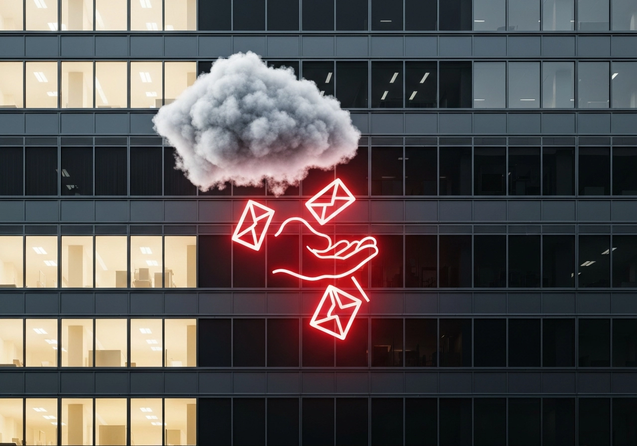 A hyper-realistic image of a large office building with many windows. Some windows are lit with a warm, clean light, while a few windows are dark and emit a red, warning glow. A hand-shaped cloud is hovering over the dark windows, dropping spam emails onto the building. No text, letters, or words appear in the image.