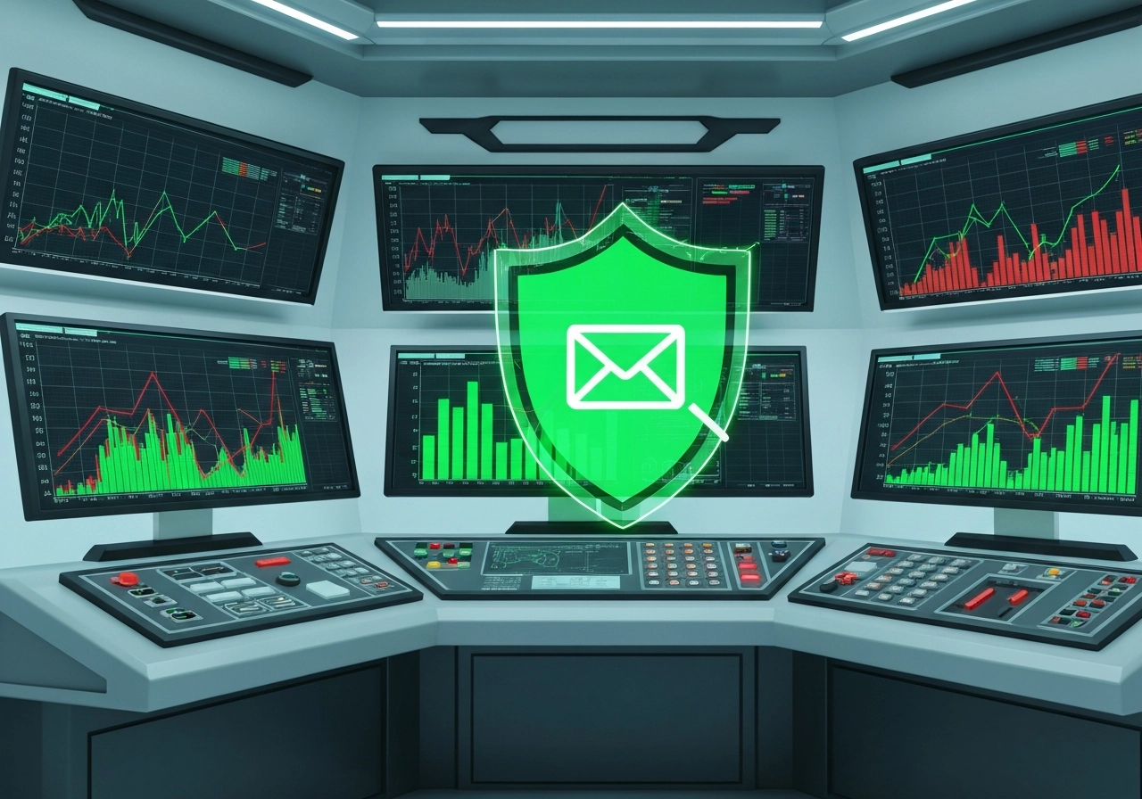 A 3D-rendered image of a futuristic control room dashboard. Multiple monitors display graphs with green and red lines. In the center of the main screen, a large green shield icon is glowing, and a small envelope icon is entering it safely. The atmosphere is clean, professional, and high-tech. No text, letters, or words are present.