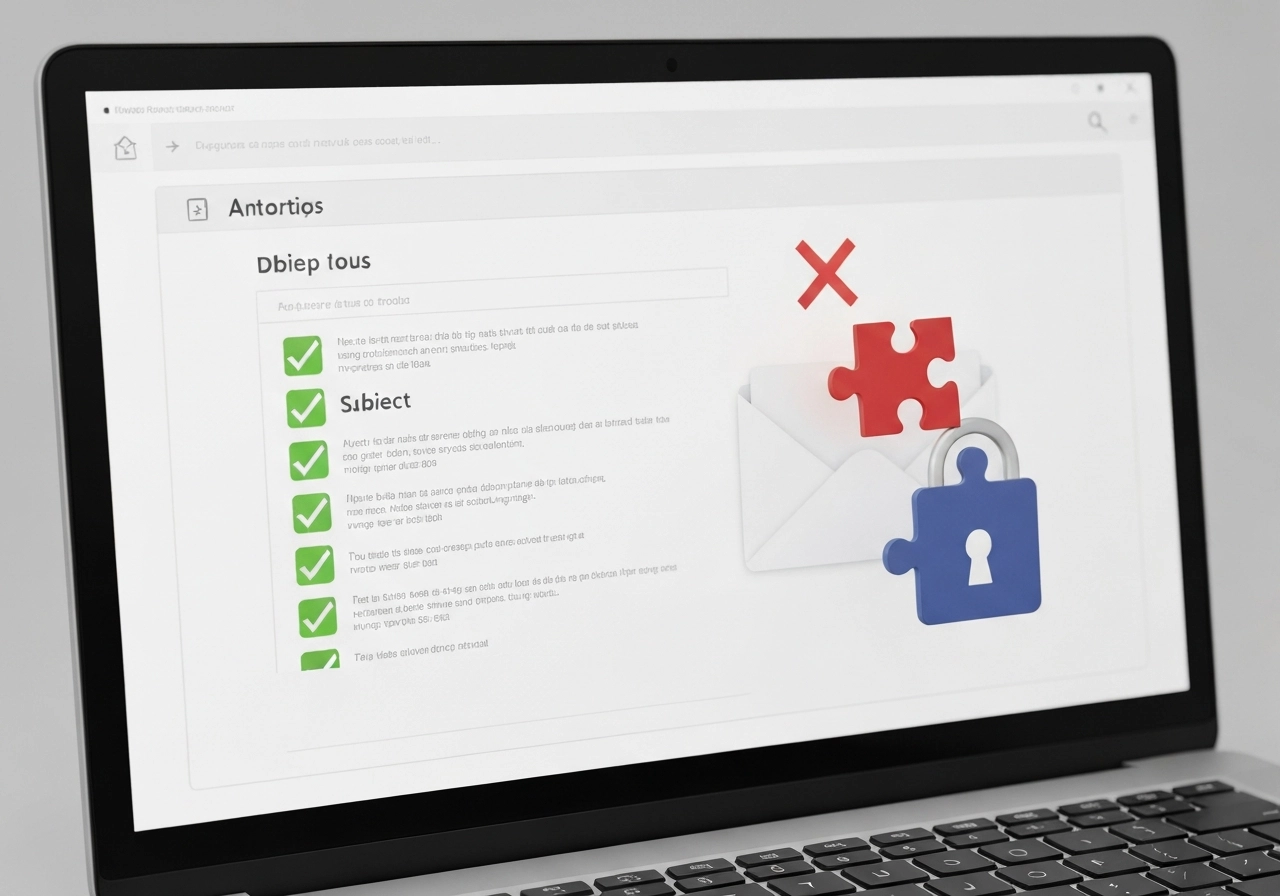 A clean, minimalist image showing a email inbox interface on a laptop screen. The inbox is full of green check marks next to message subjects, while a single red cross mark is fading out. A small puzzle piece is fitting into a lock icon next to the inbox. The image conveys security and success. No text, letters, or words are visible.