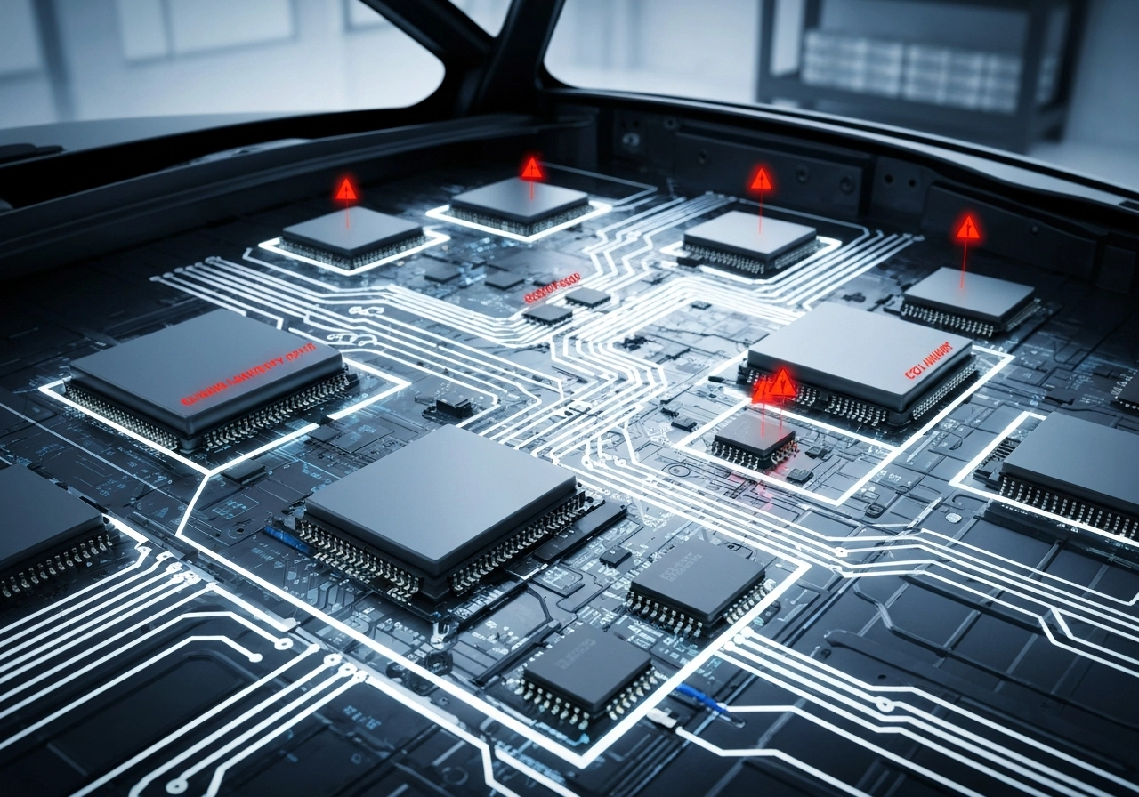 A hyper-realistic image showing a car's electronic architecture with multiple labeled components (ECU units, sensor arrays, communication modules) interconnected by glowing circuit traces. The scene should depict a cutaway view of a modern vehicle's internal electronics, with red warning indicators highlighting vulnerable entry points. The environment suggests a technical workshop or digital simulation. Absolutely no text, letters, or words should be present in the image.