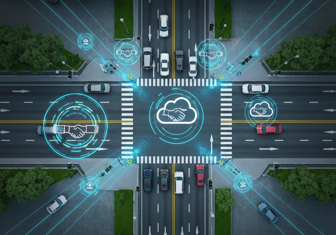 A realistic depiction of a smart city intersection with multiple connected vehicles communicating with traffic lights and road sensors through visible data beams. The scene should show a bird's-eye view of a crossroad with digital overlays representing secure authentication handshakes and encrypted data streams between cars, traffic infrastructure, and a cloud symbol. No text, words, or letters should appear anywhere in the image.
