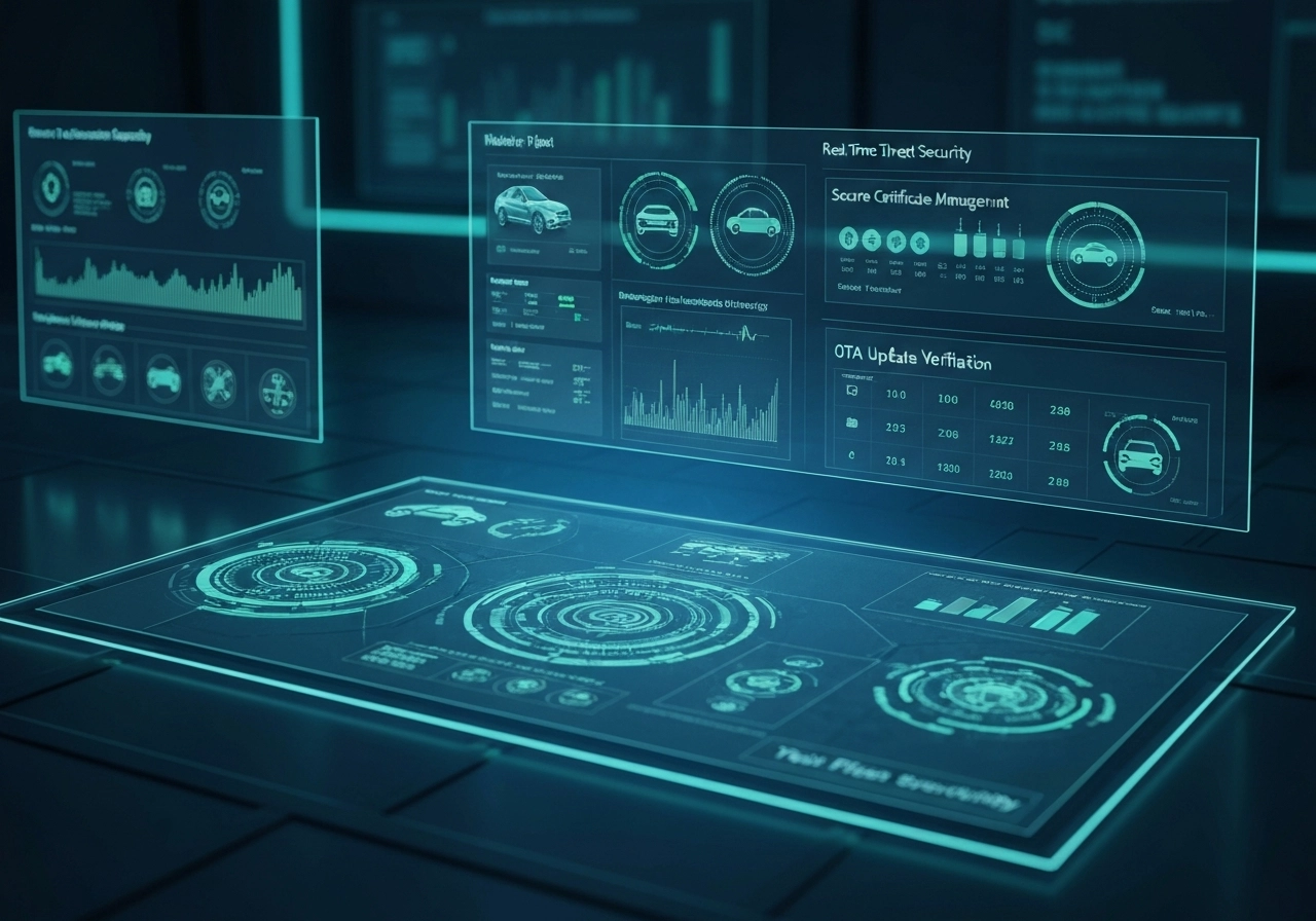 A high-tech visual of a vehicle's cybersecurity management system dashboard showing real-time threat monitoring, secure certificate management console, and OTA update verification interface. The scene should look like a modern security operations center (SOC) with holographic displays showing vehicle fleet security status. The environment should have a dark blue and green color scheme suggesting safety and security. No text, letters, or words should appear anywhere in the image.