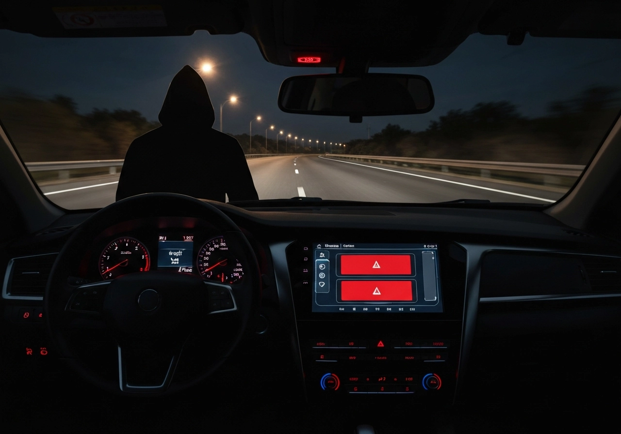 A photorealistic image of a car's dashboard computer screen showing a hacking interface with red alerts, while the car is driving on a highway at night. The image should depict a hooded figure in the background (silhouette) representing a cyber attacker, and the car's interior lit with red warning lights. There should be no text, letters, or words visible in the image. The atmosphere should be tense and high-tech, with a focus on the vulnerability of modern vehicle systems.