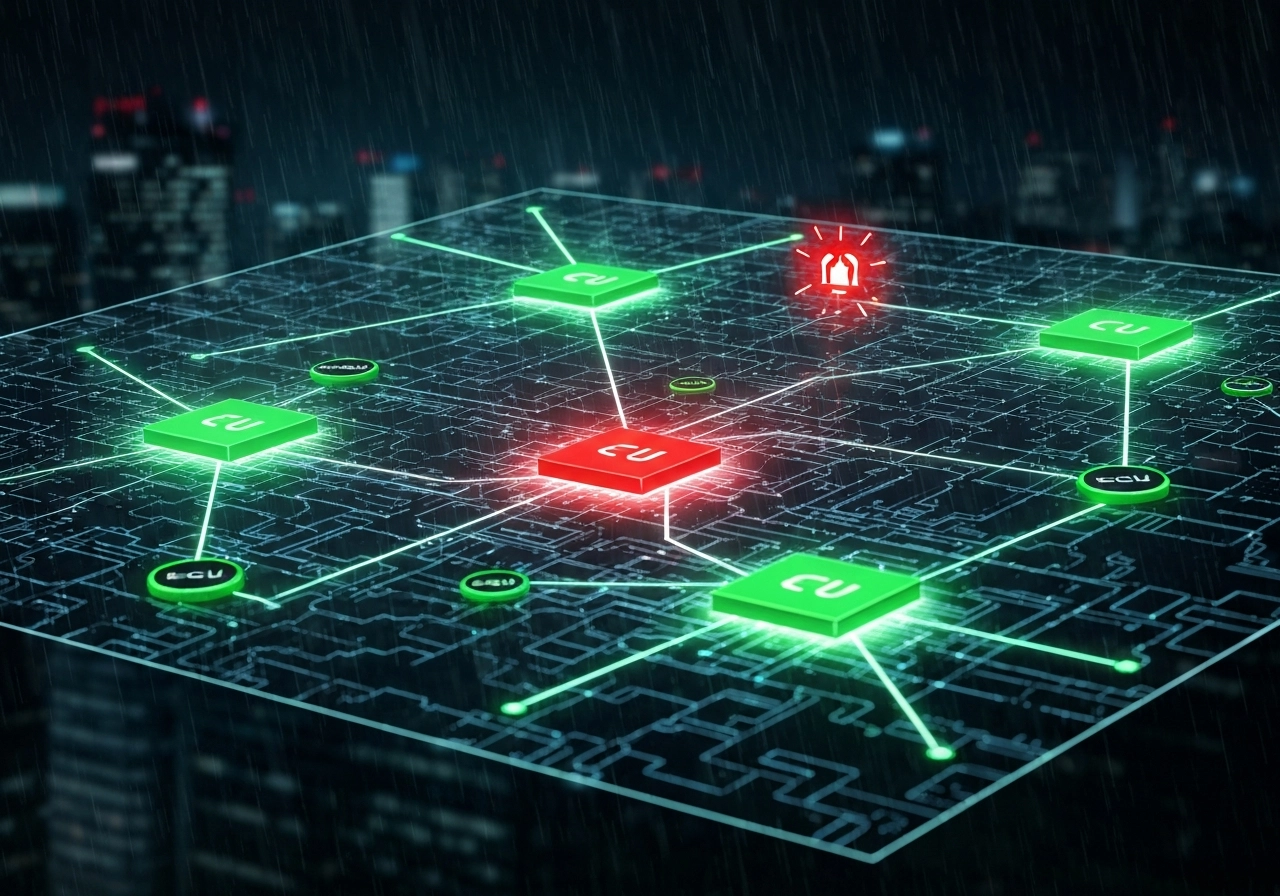 A realistic, high-resolution image of a modern car's internal network architecture represented as a glowing digital map, showing different ECUs (Electronic Control Units) connected by lines of data flow. The map should have a red alarm icon flashing on one ECU representing an attack, while other ECUs are green and protected. In the background, a cityscape at night with digital rain. No text, letters, or words should be visible. The image should convey the complexity and vulnerability of in-vehicle networks.