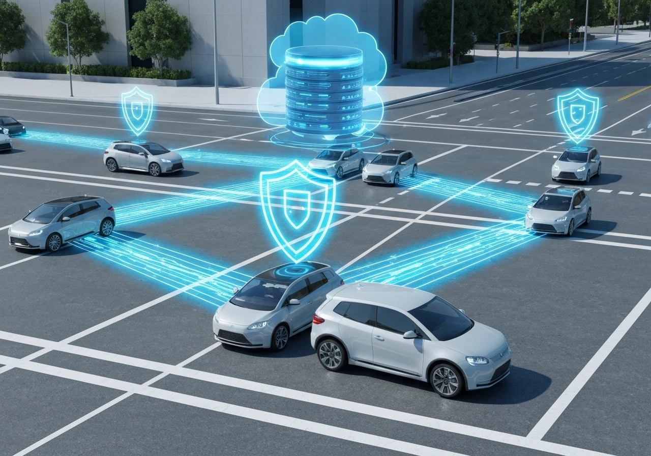 A futuristic image showing a traffic intersection with multiple autonomous vehicles connected wirelessly, represented by glowing blue lines between them and to a central cloud server in the sky. The vehicles should have a sleek, modern design. In the foreground, a holographic shield icon appears above one vehicle, symbolizing zero-trust security. The scene is set in a sunny day with a clean, high-tech city background. No text, letters, or words should be visible. The image should convey a sense of advanced but secure connectivity.
