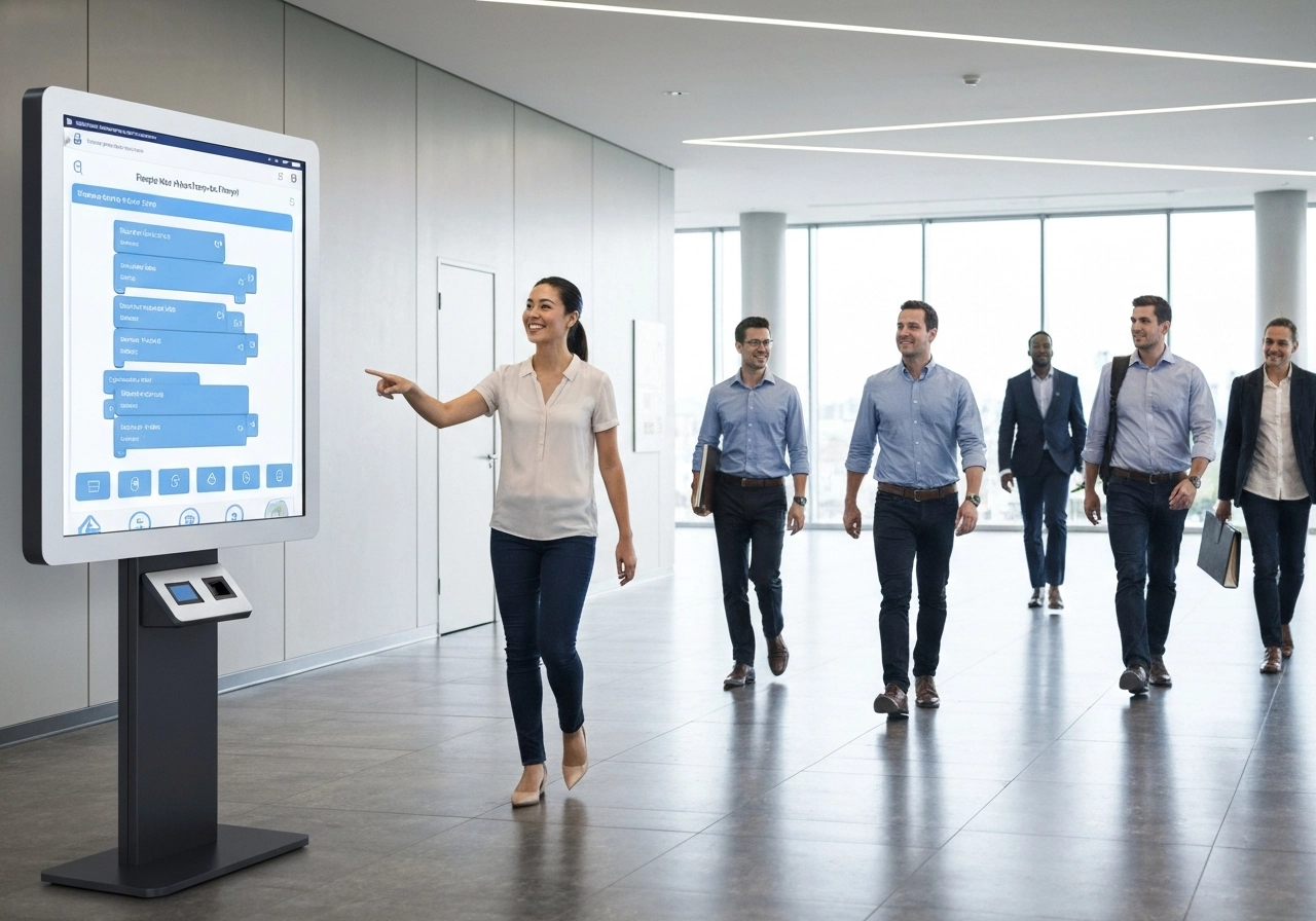 A highly realistic image of a modern office lobby with employees walking purposefully. On the left wall, there is a large digital kiosk showing a simple, user-friendly interface for building apps with drag-and-drop blocks. A smiling female employee in casual attire is pointing at the screen, demonstrating something to a colleague. The image is well-lit with natural light, emphasizing innovation and ease of use. The image must NOT contain any text, letters, or words.