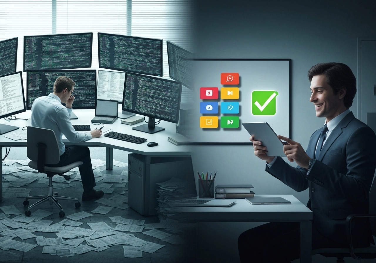 A hyper-realistic, cinematic shot of a corporate office that is half traditional and half futuristic. On one side, a stressed-looking IT manager is buried in a mountain of paper tickets and multiple computer monitors showing endless code. On the other side, a happy, relaxed business user is using a tablet to drag colorful app blocks onto a canvas, with a glowing checkmark appearing above. The contrast highlights the transition from bottleneck to empowerment, with no text, letters, or words present. The lighting is dramatic, with shadows and light defining the two zones of the company.