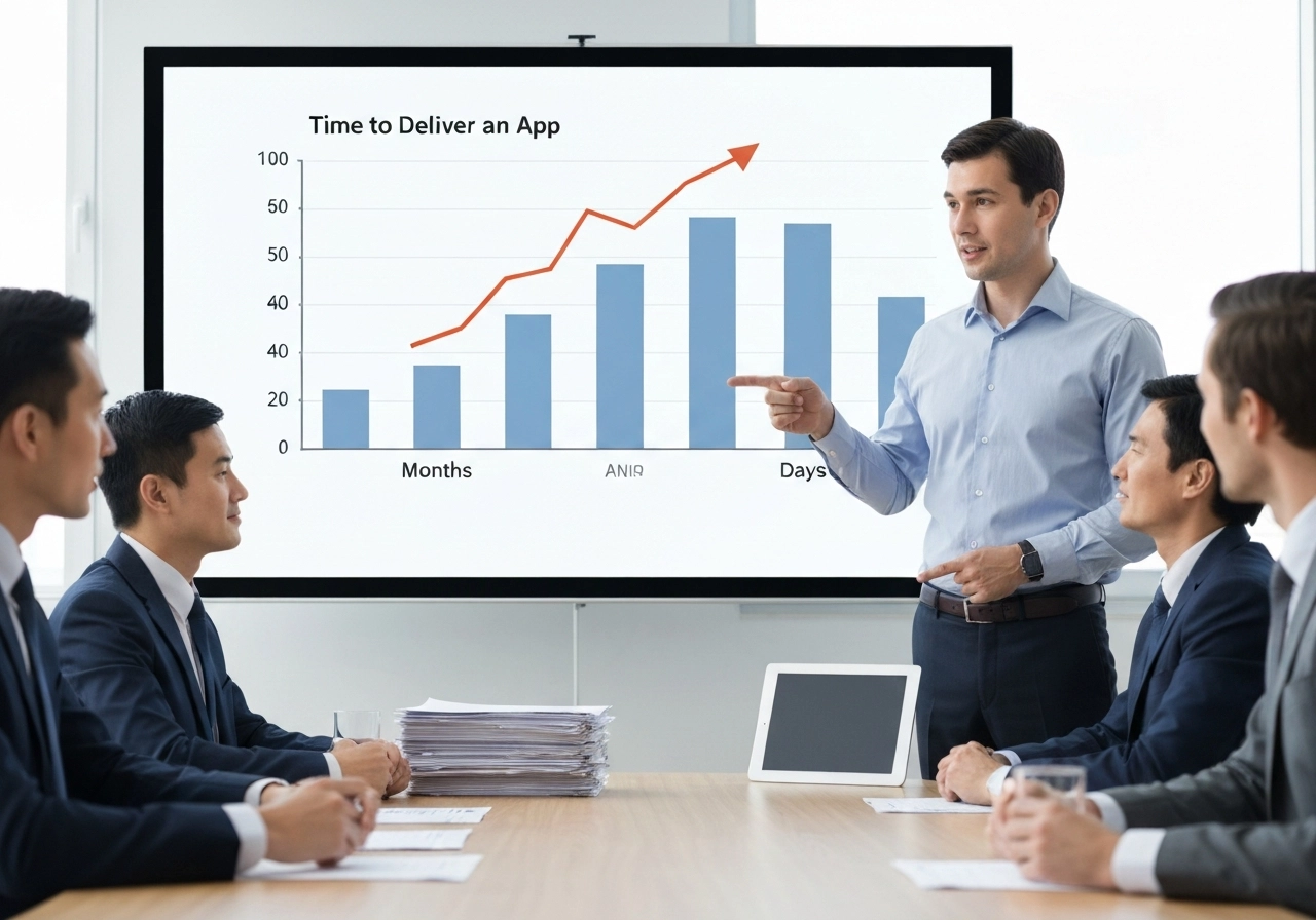 A realistic, modern boardroom setting. A confident CIO, dressed in business casual, is presenting to a group of executives. On the screen behind them is a bar chart showing 'Time to Deliver an App' with a dramatic decline from 'Months' to 'Days'. On the conference table, there is a physical stack of papers (the backlog) and a single, sleek tablet (the solution). The CIO is pointing towards the tablet. The image conveys the strategic, high-level benefits of speed and agility. No text, letters, or words appear on the screen or anywhere else.