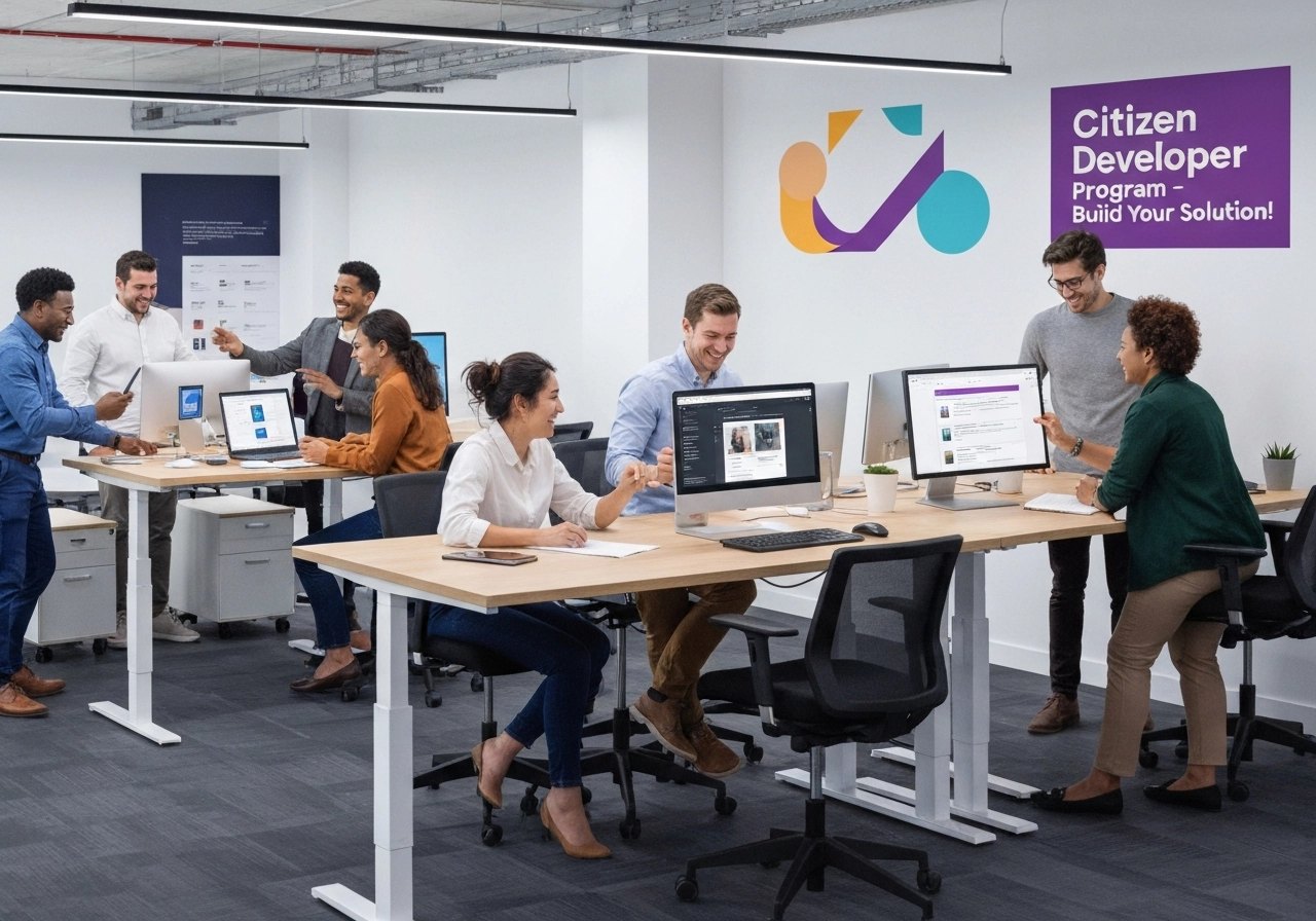 A wide-angle, realistic shot of a busy office floor. Several groups of diverse employees are gathered around standing desks, laughing and collaborating. On one screen, a user is customizing a mobile app. On another, two users are debugging a workflow together. A large, stylized poster on the wall reads 'Citizen Developer Program - Build Your Solution!' in a creative font, but the image must show no text, only abstract shapes. The image communicates a positive, collaborative, and productive atmosphere of empowered business users solving real problems.