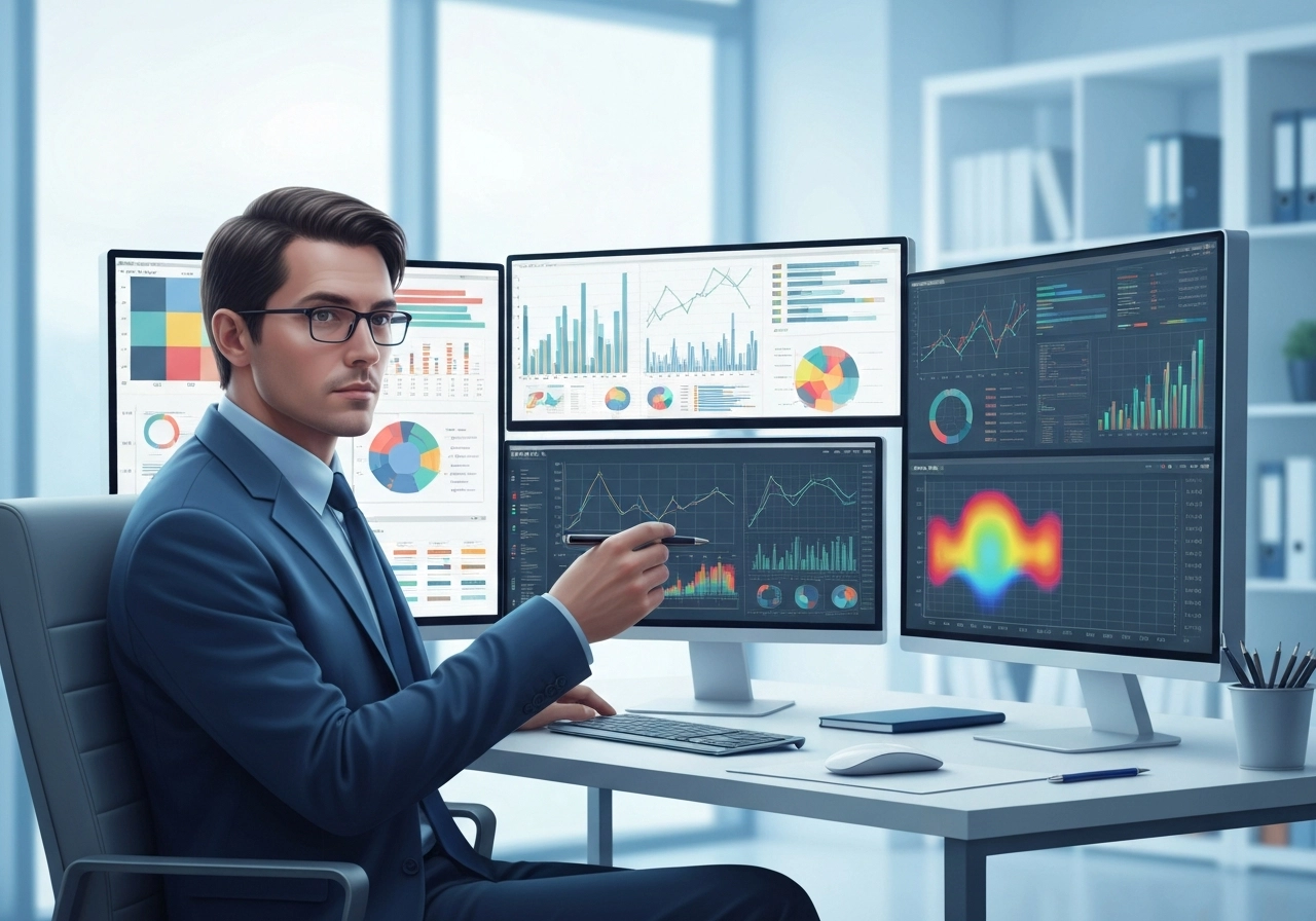 A realistic image of a data analyst sitting at a modern desk, surrounded by multiple monitors displaying complex data visualizations like bar charts, line graphs, and heat maps. The analyst has a serious, focused expression, holding a pen and pointing at a screen. The office environment is clean, well-lit, and high-tech, with soft blue and white tones. No text, letters, or words should appear in the image.