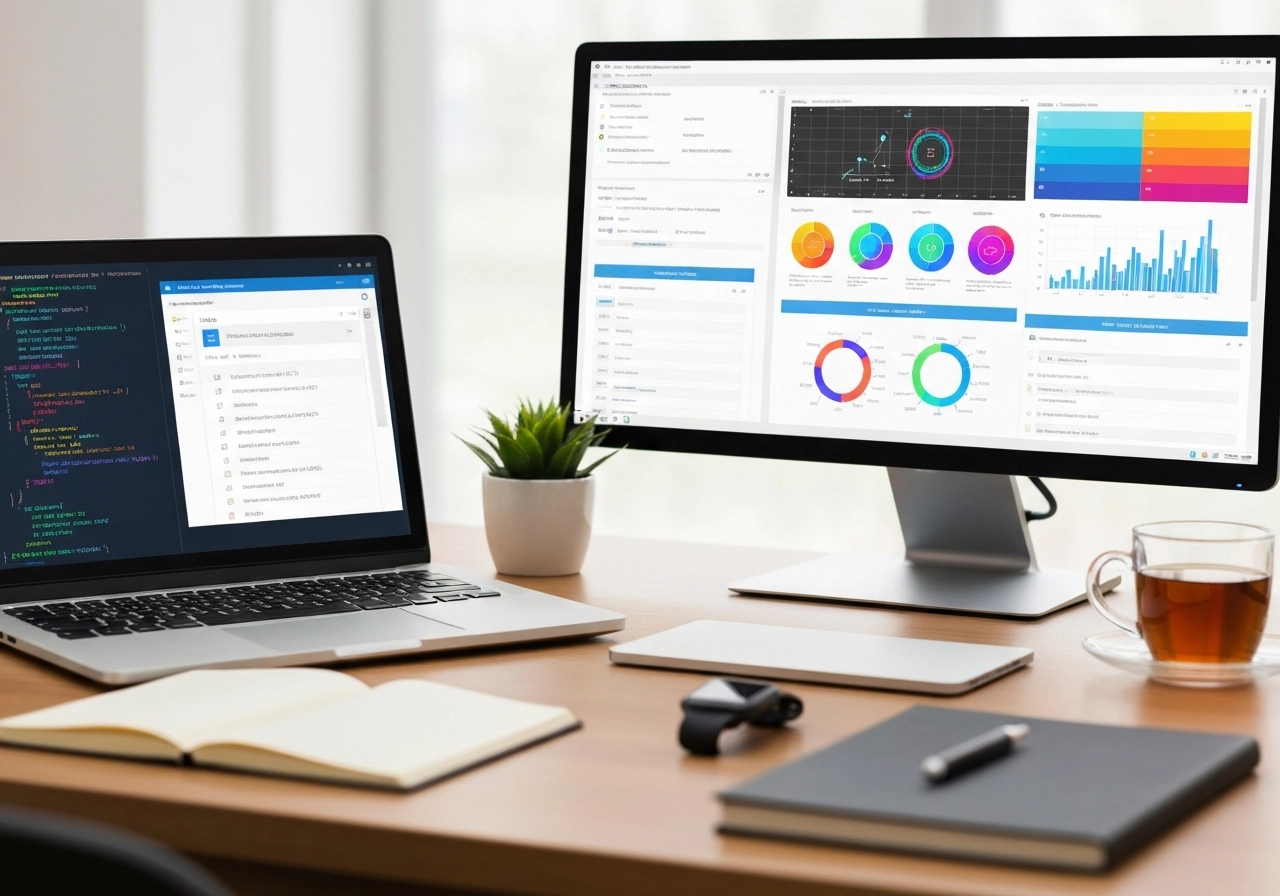 A dynamic image of a data analytics workspace featuring a laptop showing Python code and a SQL database interface, alongside a large monitor displaying colorful Tableau dashboards and interactive charts. The desk has a notebook, a smartwatch, and a cup of tea. The background is blurred to emphasize the technology. The image must be completely free of any text, letters, or words.