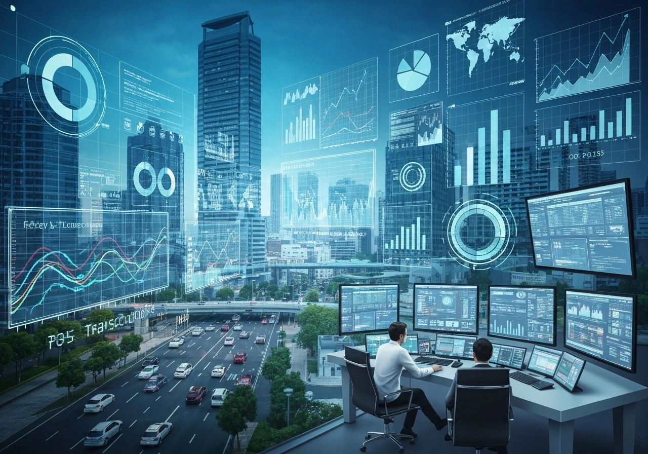 A realistic image of a smart city with digital overlays showing data analytics in action: traffic flow analysis, energy consumption graphs, and retail transaction trends. The scene includes a futuristic control room with analysts watching giant screens, with holographic charts floating in the air. The image must be highly detailed and visually striking, with no text, letters, or words appearing anywhere.