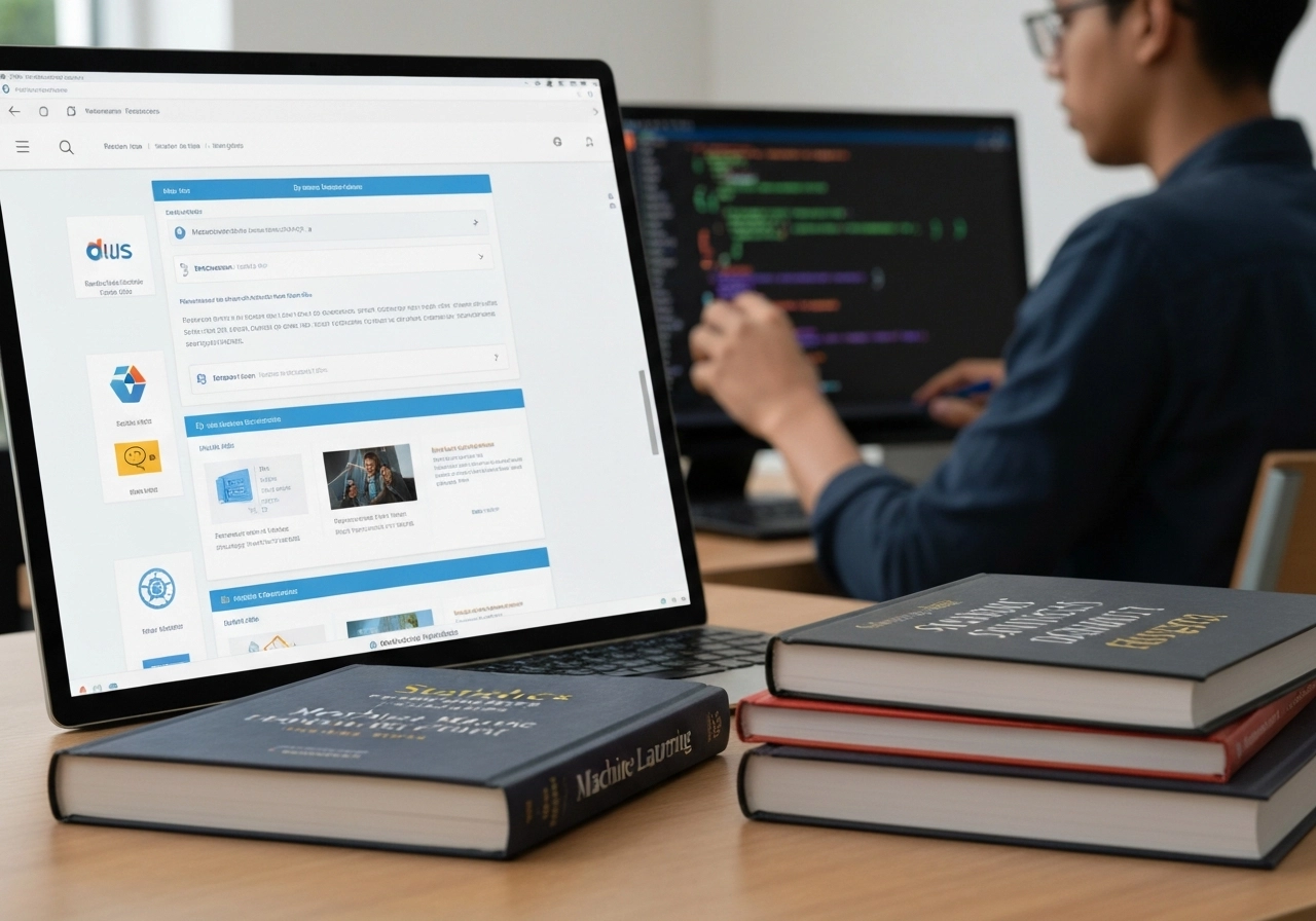 A realistic image of a learning environment with an online course interface showing data science modules, alongside physical books about statistics and machine learning on a desk. In the background, a person is working on a Kaggle competition, with computer code visible. The image should be inspiring and educational, with no text, letters, or words in the picture.