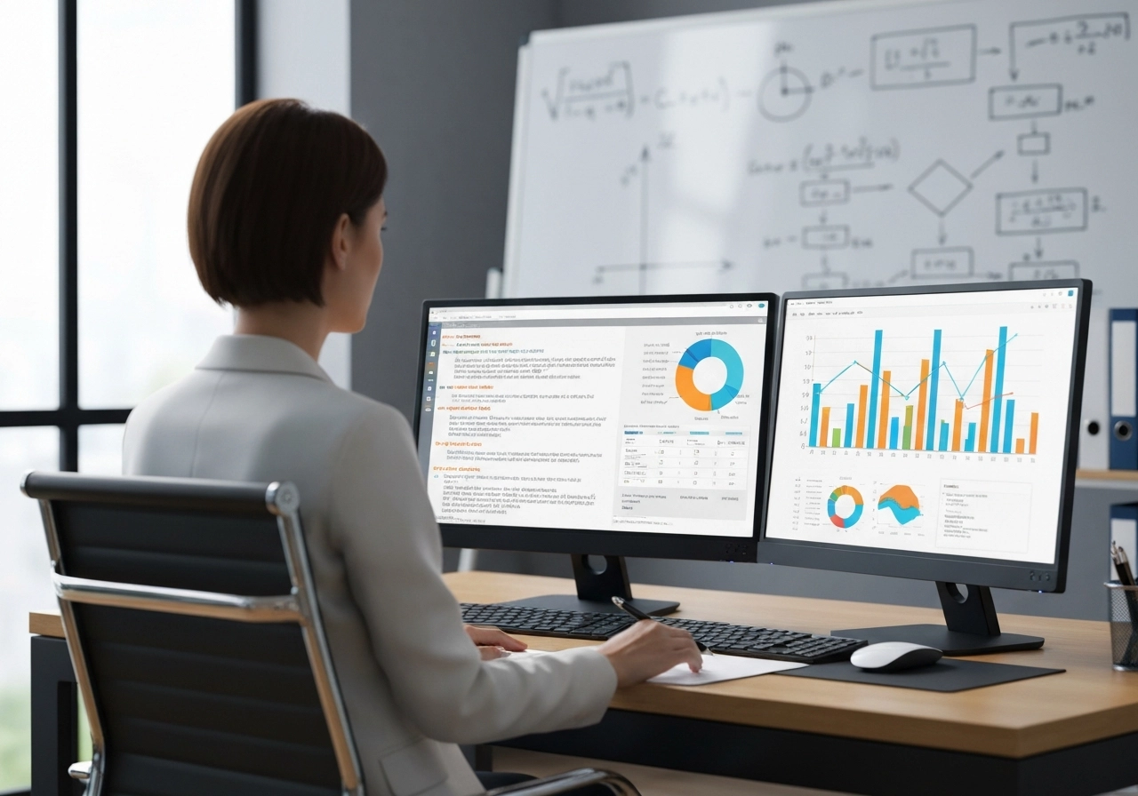 A photorealistic image of a female data analyst sitting at an elegant desk with two monitors. One monitor displays a complex SQL query, and the other shows colorful bar charts and line graphs. In the background, there is a blurred whiteboard filled with mathematical formulas and flowcharts. The office is modern with natural light coming from a window. No text, letters, or words should appear anywhere in the image. High detail, realistic lighting, professional setting.