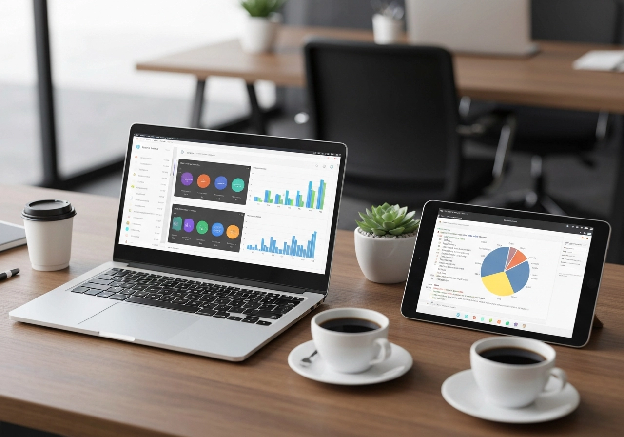 A high-quality, photorealistic image of a data analyst's workspace showing a laptop on the left displaying a Tableau dashboard with colorful interactive charts, and on the right a tablet showing a Python script with a pie chart. There are coffee cups and a small succulent plant on the desk. The background is a blurred modern office with other desks. The image should convey productivity and analytical focus. No text, letters, or words should appear anywhere in the image. Realistic lighting, ultra-detailed.