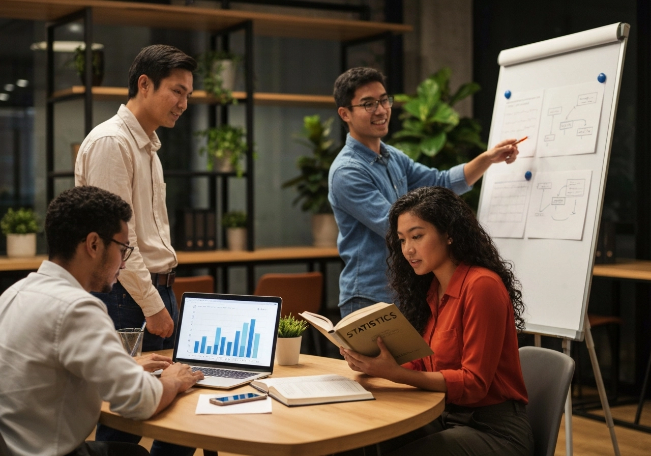 A photorealistic image of a diverse group of three young professionals studying together in a modern co-working space. One person is working on a laptop showing a bar chart, another is reading a book titled 'Statistics', and the third is pointing at a whiteboard with data flow diagrams. The lighting is warm, and there are plants and modern furniture. The atmosphere is collaborative and educational. No text, letters, or words should appear anywhere in the image. High detail, realistic skin tones.