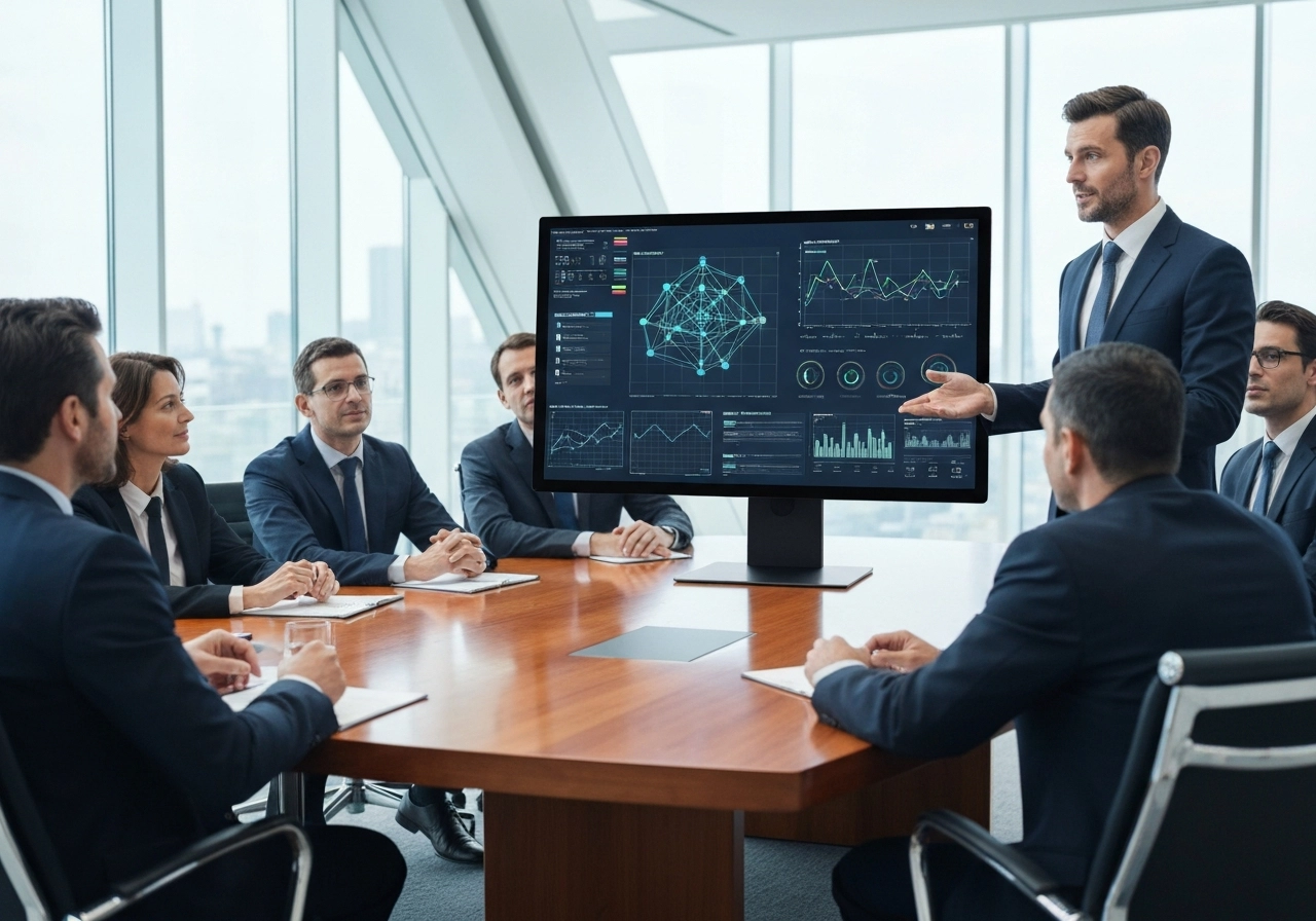 A photorealistic image of a successful male data analyst in a corporate boardroom, presenting a large interactive touchscreen display with complex network graphs and real-time data streams to a group of executives. The executives are seated around a polished wooden table, looking engaged. The room is well-lit with modern architecture. The image should convey leadership, expertise, and business impact. No text, letters, or words should appear anywhere in the image. High detail, realistic expressions.