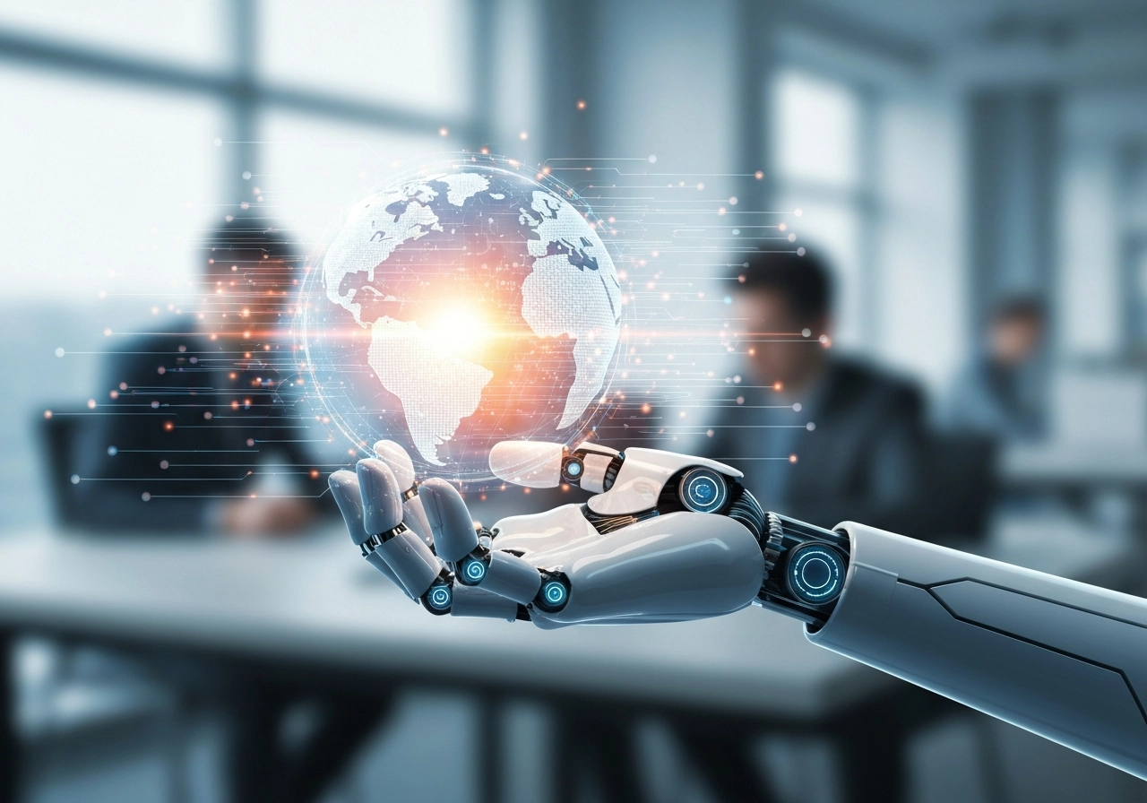 A hyper-realistic image of an AI robot hand holding a glowing digital globe, with data streams flowing around it, symbolizing the autonomous decision-making of agentic AI. The scene is in a modern office setting with blurred background workers. No text, letters, or words are present.