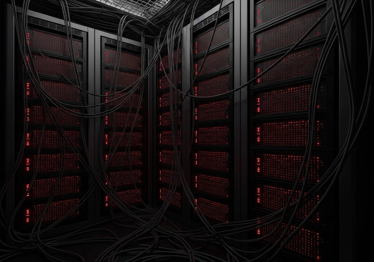 A realistic image of a dark server room with a faint, menacing red glow from the servers, symbolizing the 'black box' nature of AI decision-making. Cables are tangled like webs. No text, letters, or words.