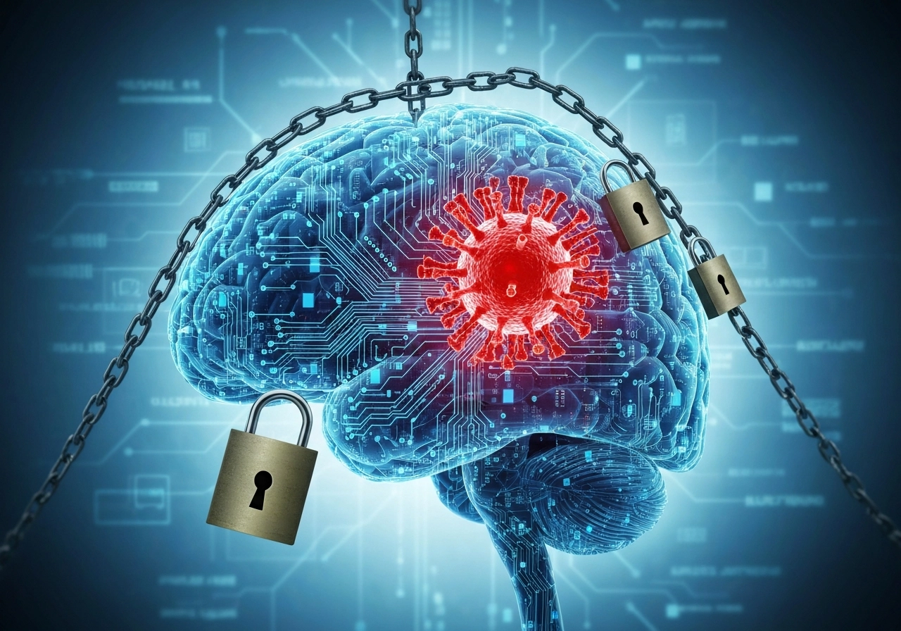 A realistic, high-tech image of a digital brain with chains and padlocks around it, symbolizing the vulnerability of AI systems to manipulation. The brain has circuits that are being disrupted by a glowing red virus. No text, letters, or words.