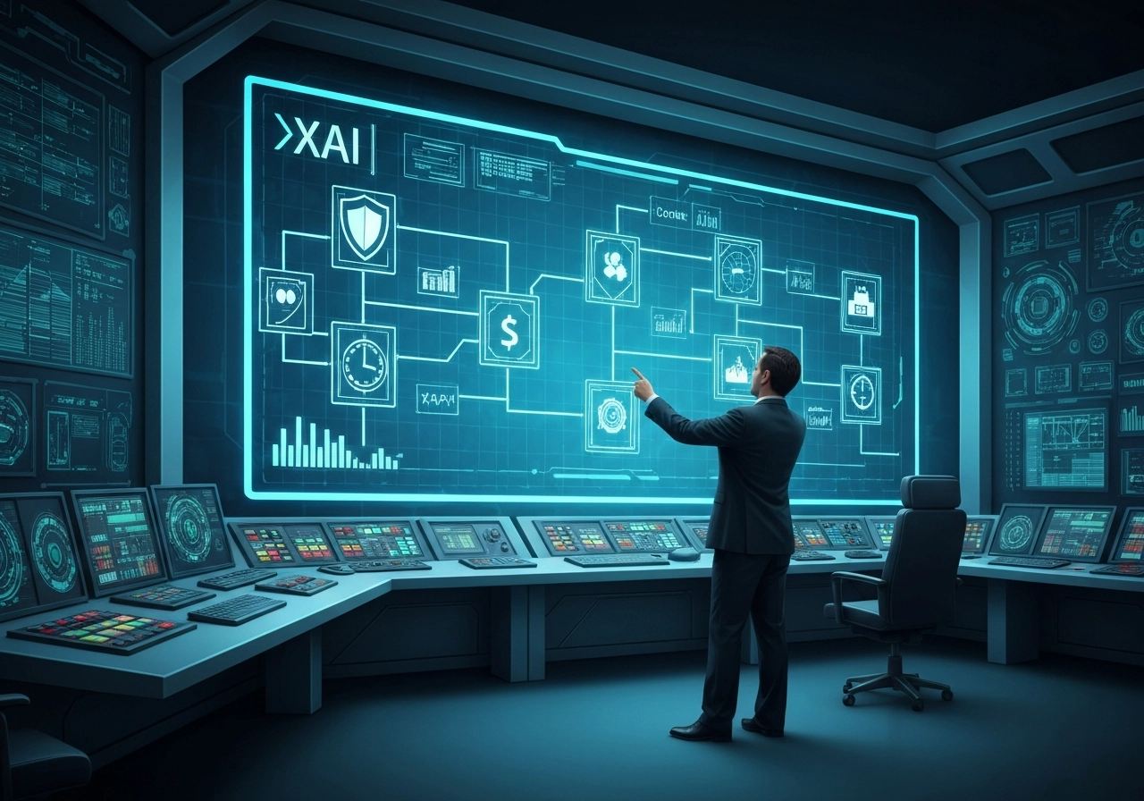 A realistic image of a futuristic control center with a large holographic display showing a clear, branching decision tree (XAI) with each branch labeled in simple icons like a shield, a dollar sign, and a clock. A human operator is pointing at it. No text, letters, or words.