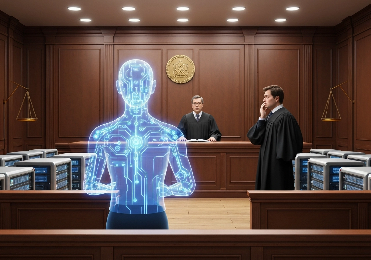 A realistic courtroom scene with a holographic AI avatar in the dock, with a human judge looking perplexed, and the jury box filled with data server racks, symbolizing the legal and ethical challenges of AI accountability. No text, letters, or words.