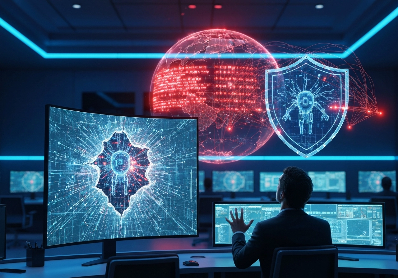 A highly detailed, realistic digital illustration of a high-tech cybersecurity operations center. In the center, a large holographic globe displays cascading red alerts, with thin, glowing lines spreading outward like a spiderweb. In the foreground, a human analyst in a dark suit looks up in alarm at a screen showing a complex AI agent breaking through a digital firewall shaped like a cracked shield. The room is filled with multiple monitors and blue and red ambient lighting. No text, letters, or words are visible anywhere in the image. The style should be realistic and cinematic, evoking a sense of urgency and technical sophistication.
