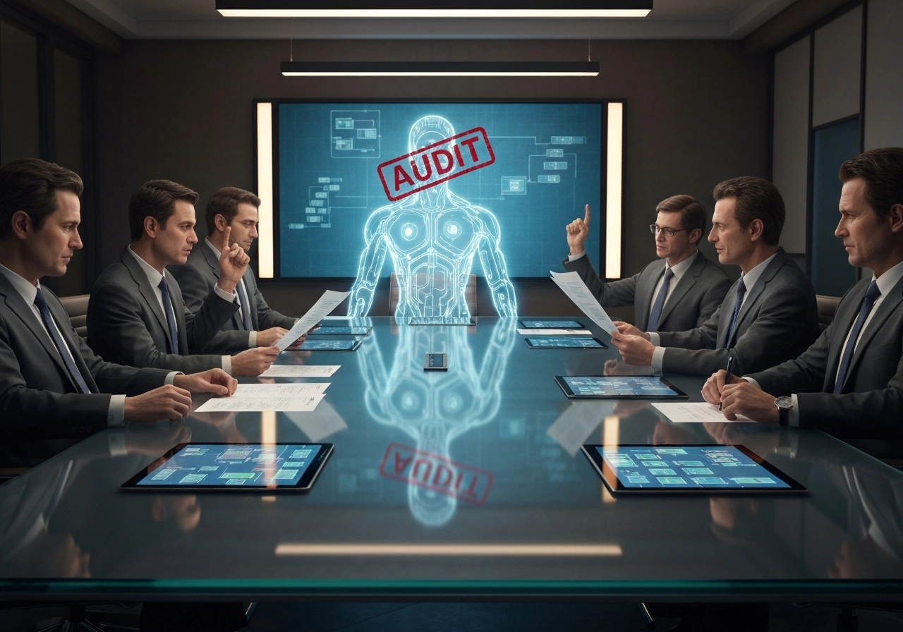 A highly detailed, realistic digital illustration showing a formal meeting room in a modern corporate office. At the head of a long glass table, a large screen displays a glowing silhouette of an AI figure, with a red 'AUDIT' stamp partially covering its face. Around the table, human executives in suits are engaged in debate, some raising hands, others looking at documents. On the table are tablets showing complex flowcharts and security protocols. The lighting is warm and professional, but with a subtle tension in the air. No text, letters, or words are visible anywhere. The image should look like a still from a high-budget film about corporate governance.