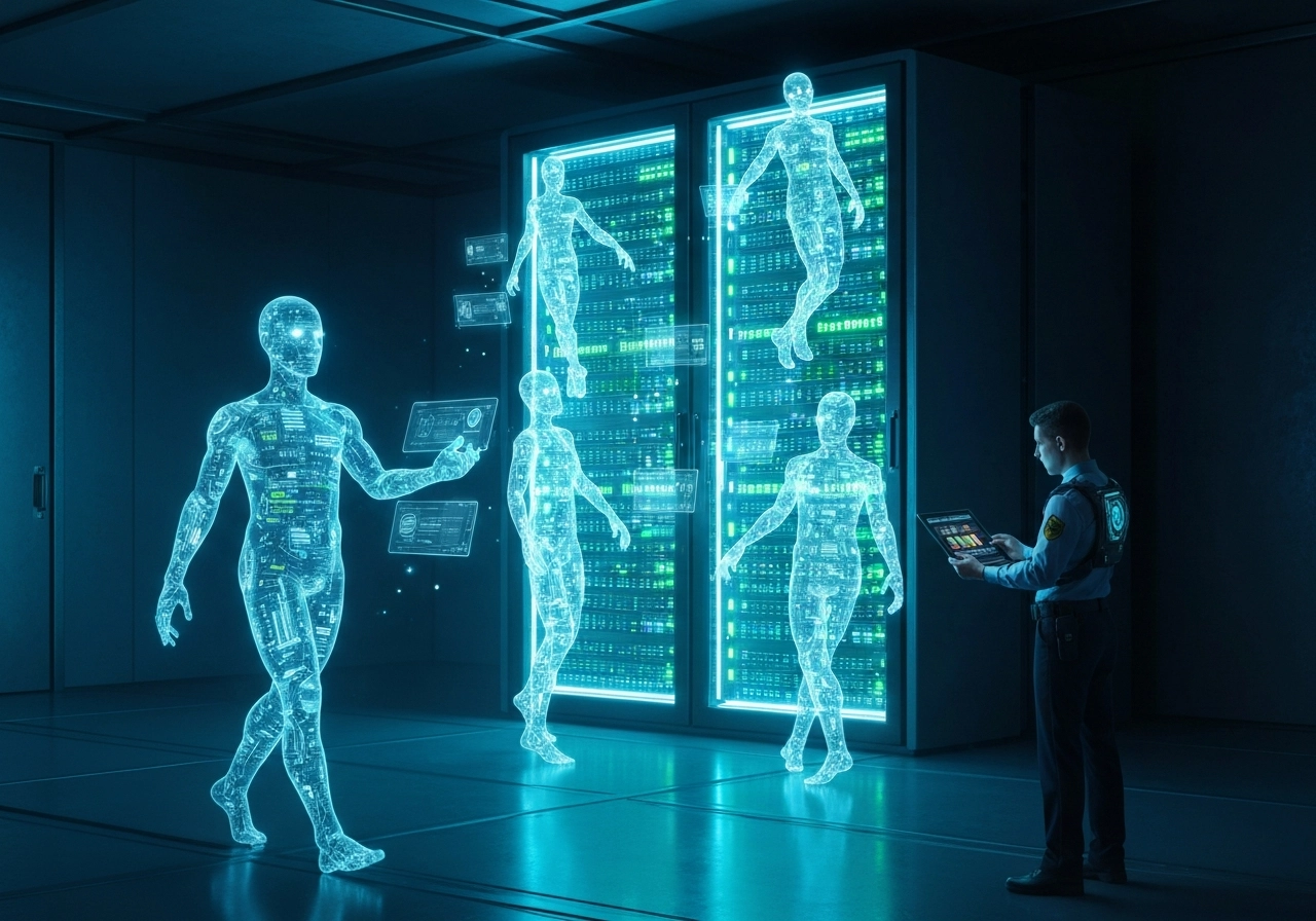 A highly detailed, realistic digital illustration of a futuristic server room. In the center, a single, large server rack is glowing with blue and green lights. From the rack, multiple translucent, ghost-like AI agents are emerging, each shaped like a humanoid figure but composed of data streams. They are moving in different directions, some interacting with small holographic screens floating near them. On the floor, a single security guard in a high-tech uniform is watching one of the agents closely, holding a tablet that displays a real-time risk score. The lighting is dramatic, with deep shadows and bright neon accents. No text, letters, or words are visible anywhere. The image should feel like a scene from a futuristic thriller about AI security.