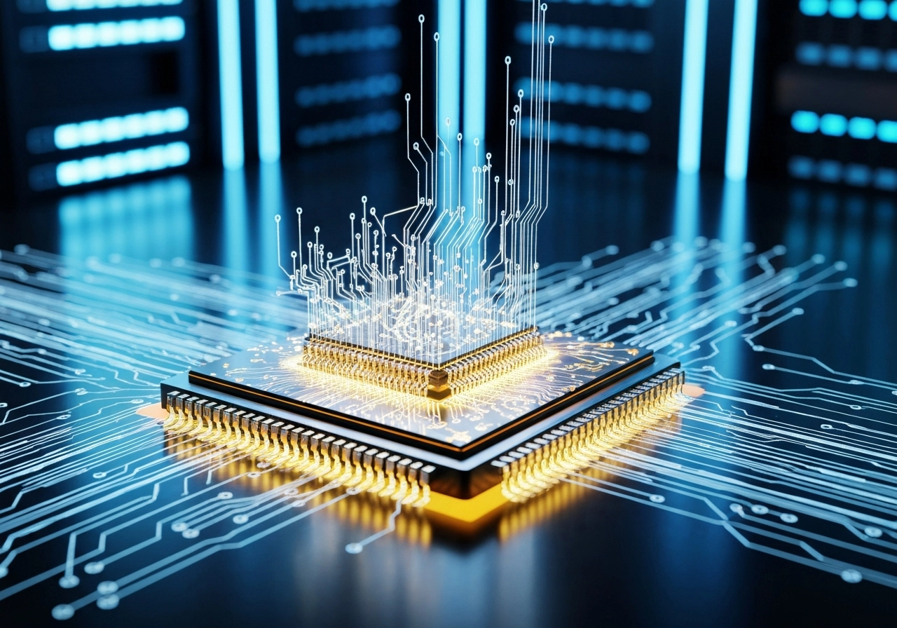 A photorealistic image of a close-up macro shot of a glowing microchip with intricate circuits and data streams flowing like liquid light. The chip is placed on a dark reflective surface with a high-tech background of servers and glowing blue lights. The image should emphasize the concept of AI at the chip level with no text, letters, or words. Professional lighting with a metallic finish and high contrast.