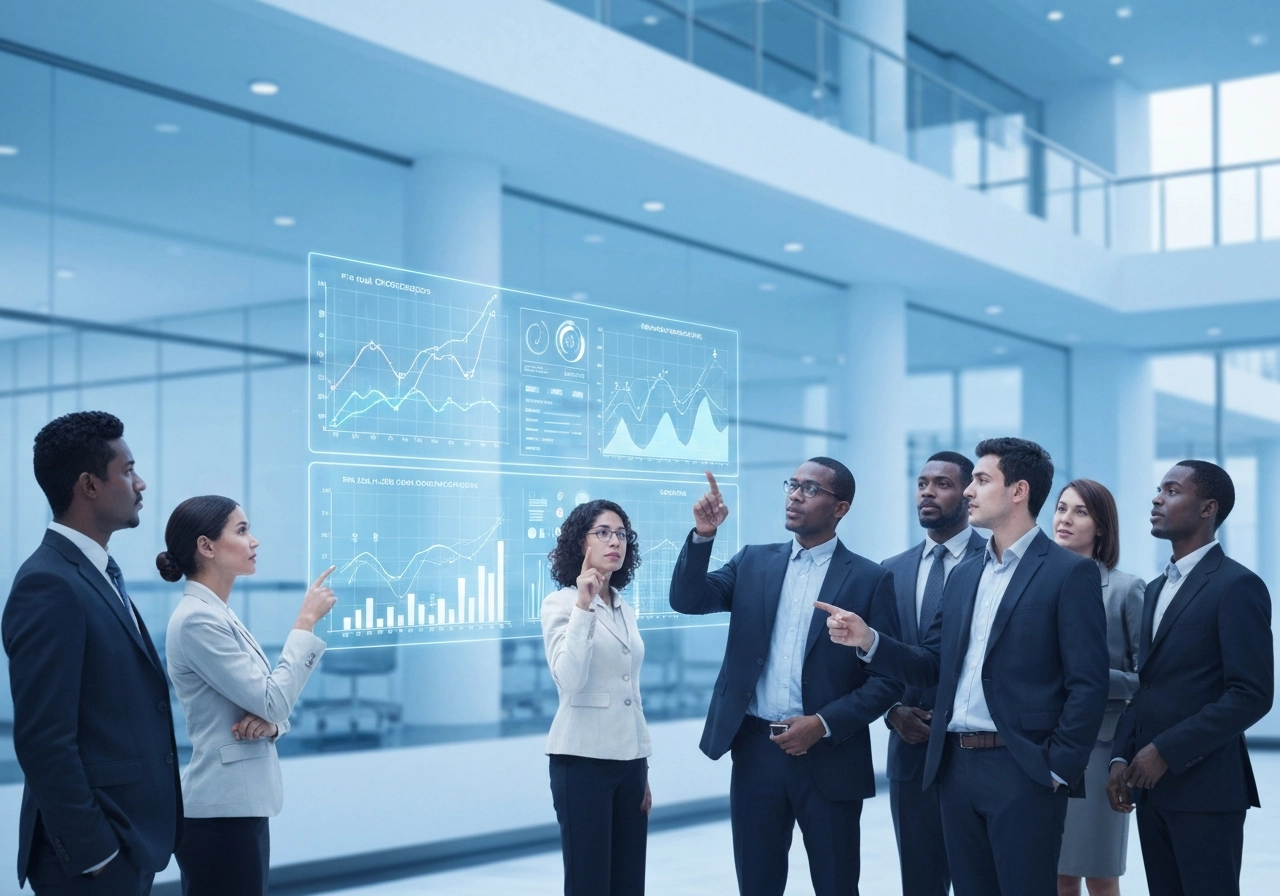 A photorealistic image of a modern bank office interior, with a holographic screen hovering in the air showing graphs of fraud detection and real-time data analysis. A diverse team of professionals in business attire are pointing at the hologram discussing results. The background shows clean, modern architecture with subtle blue lighting. The image should look like a scene from a corporate success story. No text, letters, or words anywhere.