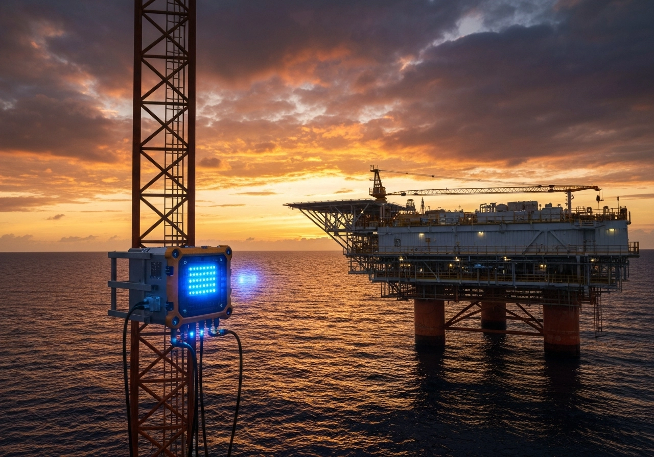 A photorealistic image of a remote oil rig in the sea at sunset, with a small, ruggedized edge computing device attached to a tower, glowing with blue indicator lights. The device is connected to sensors and pipelines. The sky is dramatic with orange and purple clouds. The scene should convey the idea of AI working in harsh environments without any text, letters, or words. Professional photography look with high dynamic range.