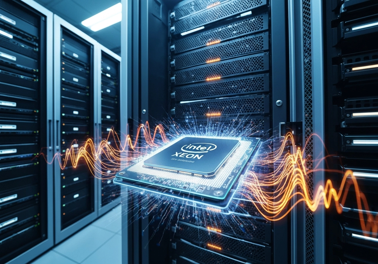 A highly detailed, photorealistic wide-angle shot of a bustling enterprise server room. The camera is low, looking up at towering server racks. One rack is open, revealing a glowing, intricately detailed Intel Xeon processor on a motherboard. Around this central chip, data streams of light, representing AI inference, are visibly pulsing faster than in adjacent, non-optimized servers. The lighting is dramatic, with cool blue hues contrasting with warm orange accents from the data flows. The image should convey speed, power, and optimization. The image must contain NO text, letters, or words.