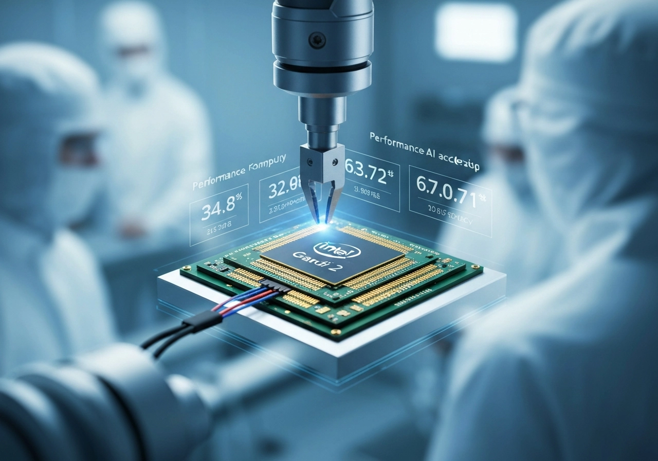 A detailed, cinematic macro shot of an Intel Gaudi 2 AI accelerator chip being inspected. A robotic arm with a precision gripper holds the chip, connecting it to a test board. The background is a cleanroom environment with blurred, out-of-focus technicians in white suits. Holographic overlays show performance benchmarks and power efficiency metrics floating around the chip. The image should convey precision engineering, power, and alternative computing capability. The image must contain NO text, letters, or words.