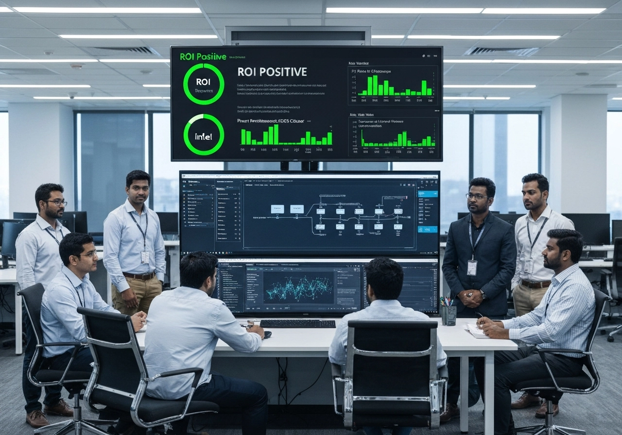 A wide, professional photograph inside a Wipro delivery center. In the foreground, a team of diverse engineers in smart-casual attire (the 'C3Lab' team) are gathered around a large, curved monitor displaying a complex data flow diagram and a model training dashboard. Above the main monitor, a secondary monitor shows a real-time dashboard with green 'ROI Positive' indicators and live performance metrics of an Intel-based AI cluster. The atmosphere is collaborative and focused. The image should convey human expertise orchestrating machine power. The image must contain NO text, letters, or words.