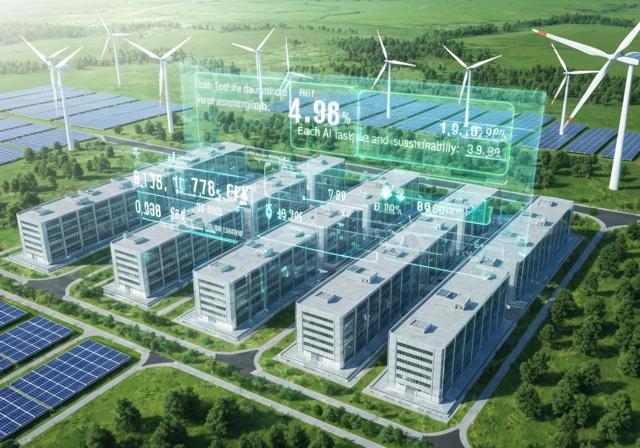 A futuristic, concept-image style render of a sustainable data center campus. The aerial view shows rows of windowless buildings surrounded by solar panels and wind turbines. A translucent holographic overlay projects energy consumption figures, showing how each AI task draws power from a mix of sources. The image is bright, hopeful, and green, contrasting 'tech' with 'green'. It should represent the future of computing where performance and sustainability coexist. The image must contain NO text, letters, or words.