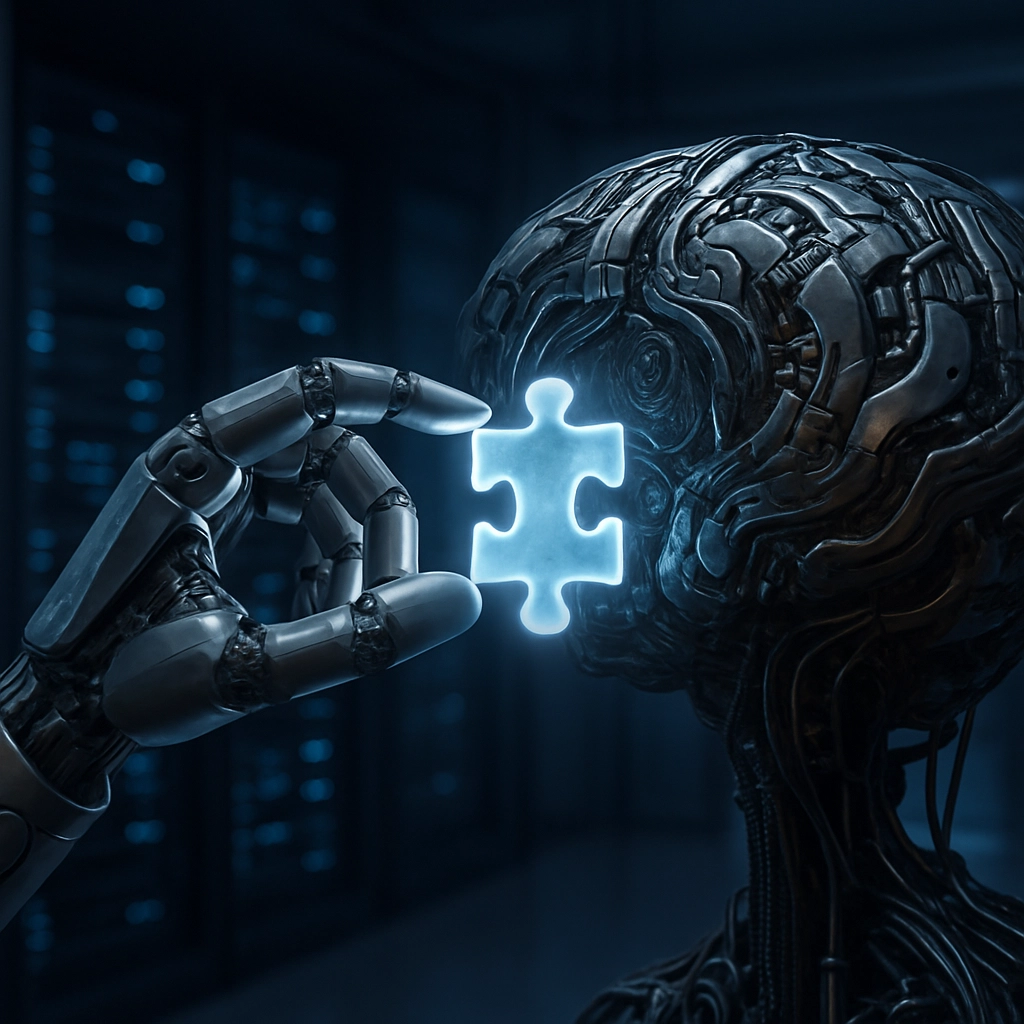 A highly detailed, photorealistic image of a robotic hand gently placing a glowing, ethereal puzzle piece into a larger, complex mechanical brain structure, symbolizing the integration of agent execution logic into an AI system. The background is a sleek, dimly lit server room with blue lights. The image should be without any text, letters, or words, focusing on the metaphor of assembly and intelligence.