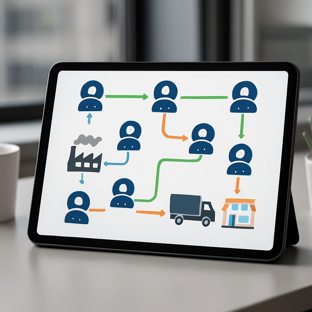A realistic, high-resolution image of a digital tablet sitting on a modern office desk, displaying a clear and colorful flowchart of interconnected AI agents working together on a supply chain management system. The desk has a cup of coffee and a small plant. The image must be without any text, letters, or words, focusing solely on the visual representation of the automated workflow.