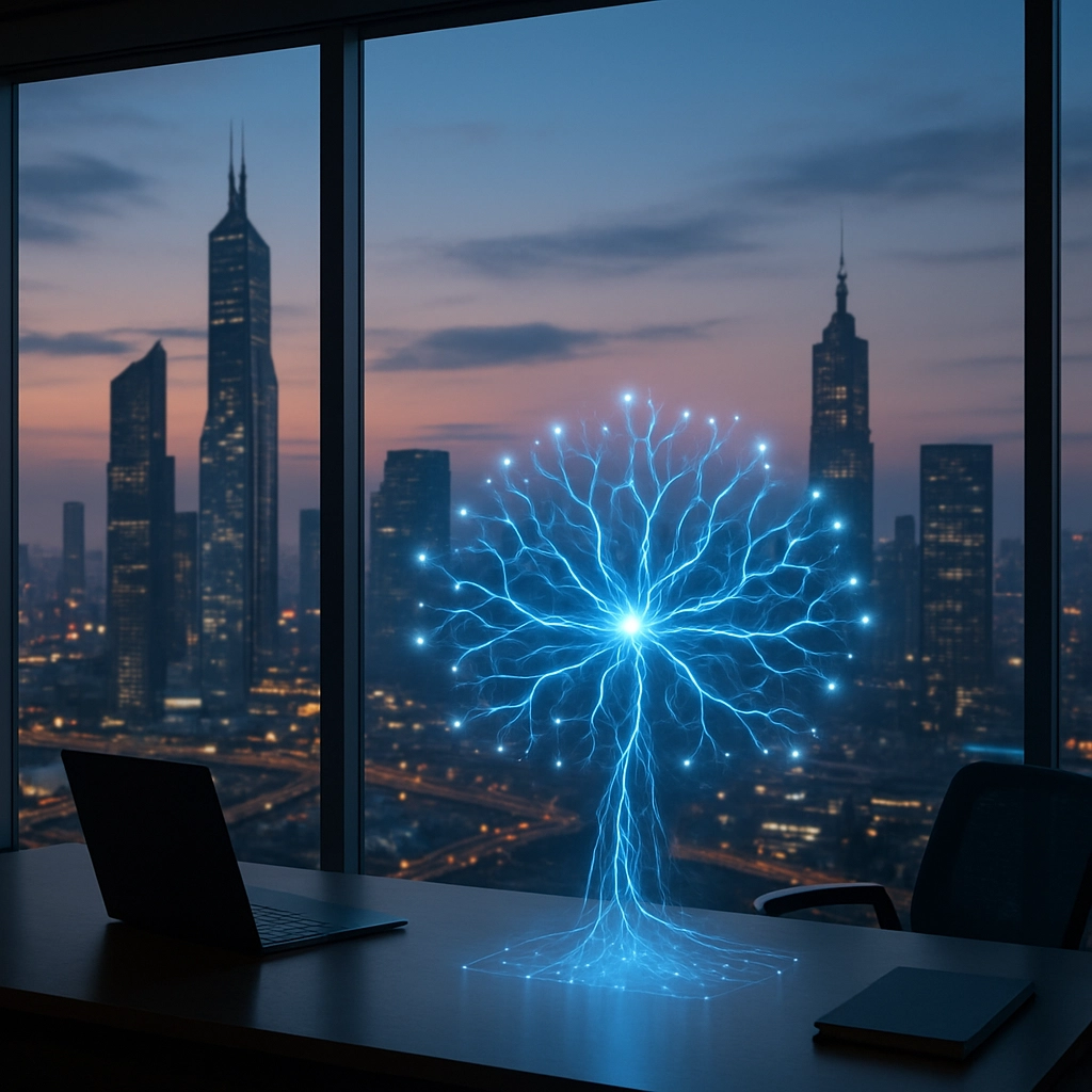 A photorealistic image of a futuristic city skyline at dusk, seen through a large window from inside a modern office. In the foreground, a transparent holographic display projects a schematic of a complex, branching neural network with countless glowing nodes, representing the interconnected AI agents managing various city services like traffic, energy, and security. The image must contain absolutely no text, letters, or words, immersing the viewer in a scene of technological integration.