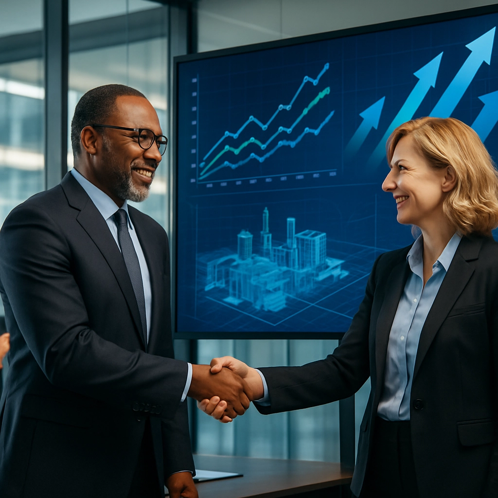 A photorealistic image of a diverse executive team, including a man and a woman, standing in a modern glass-walled boardroom. They are smiling and shaking hands. In the background, a large interactive screen shows dynamic charts, upward-trending revenue arrows, and digital twin models of a manufacturing plant. The lighting is bright and optimistic, emphasizing collaboration and strategic success. The image must contain NO TEXT, LETTERS, OR WORDS.