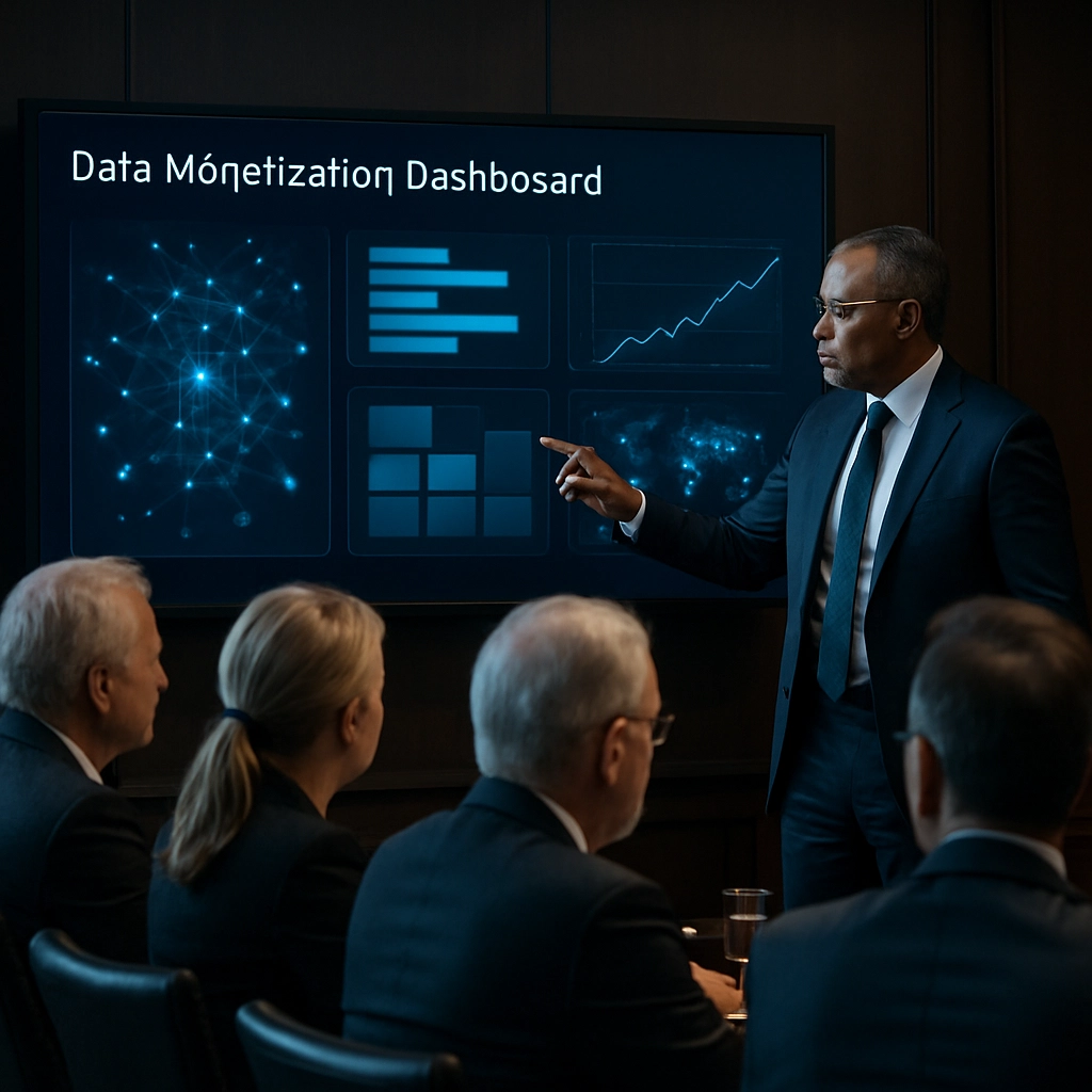 A realistic image of a CIO presenting a 'Data Monetization Dashboard' to a board of directors. The presentation screen is large and displays complex data flows, subscription pricing tiers for data packages, and a map of the world with glowing nodes representing data sources. The CIO is pointing at a specific chart showing revenue growth. The room is a sophisticated, dark-paneled boardroom with focused, attentive faces. The image must contain NO TEXT, LETTERS, OR WORDS.
