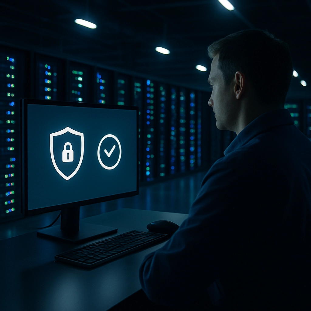 A photorealistic image of a modern data center at night. The scene is calm and orderly, with rows of servers glowing with blue and green lights. In the foreground, a single, stoic engineer watches a large, clean control monitor that displays a 'System Secure' and 'All Backups Verified' status (without using those exact words, show secure symbols like a shield and checkmarks). The atmosphere is one of quiet confidence and reliability, not panic. The image must contain NO TEXT, LETTERS, OR WORDS.
