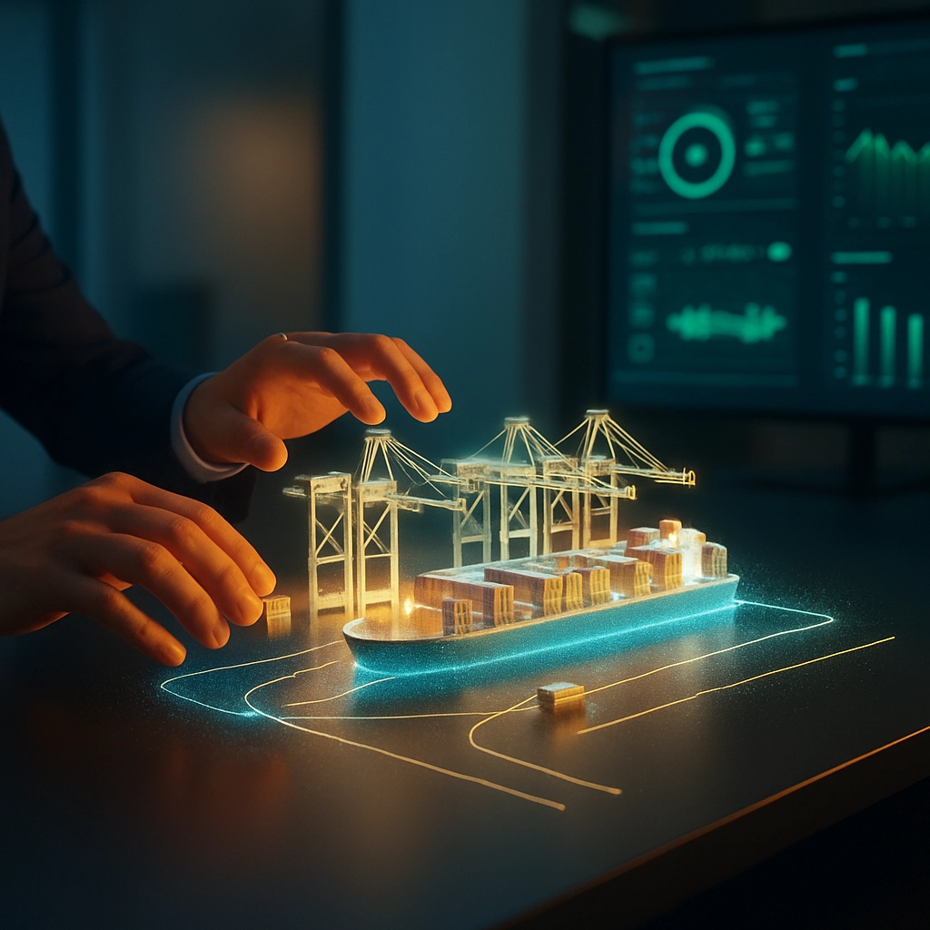 An image depicting a digital twin visualization. The main focus is a realistic, shimmering holographic model of a container ship port, suspended in a modern control room. A pair of hands, belonging to a CIO, are manipulating the hologram, moving shipping containers and re-routing supply lines. On a side screen, real-time data streams show performance metrics and risk scores. The lighting is a mix of cool blue (for the data) and warm gold (for the business context). The image must contain NO TEXT, LETTERS, OR WORDS.
