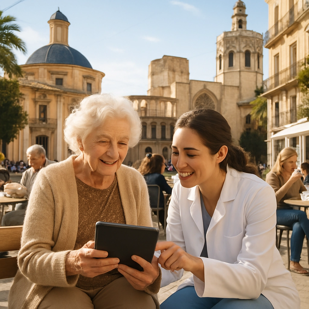 A realistic, high-detail photograph of a vibrant, sunlit plaza in Valencia, Spain. In the center, an elderly woman with a kind face is sitting on a bench, holding a tablet. Next to her, a young healthcare professional in a white coat is patiently pointing at the screen and explaining something, smiling. Around them, other people are reading, chatting, and drinking coffee at outdoor cafe tables. The image captures a warm, inclusive community atmosphere where digital skills are taught humanely. No text, letters, or words are visible on any screen, book, or sign.