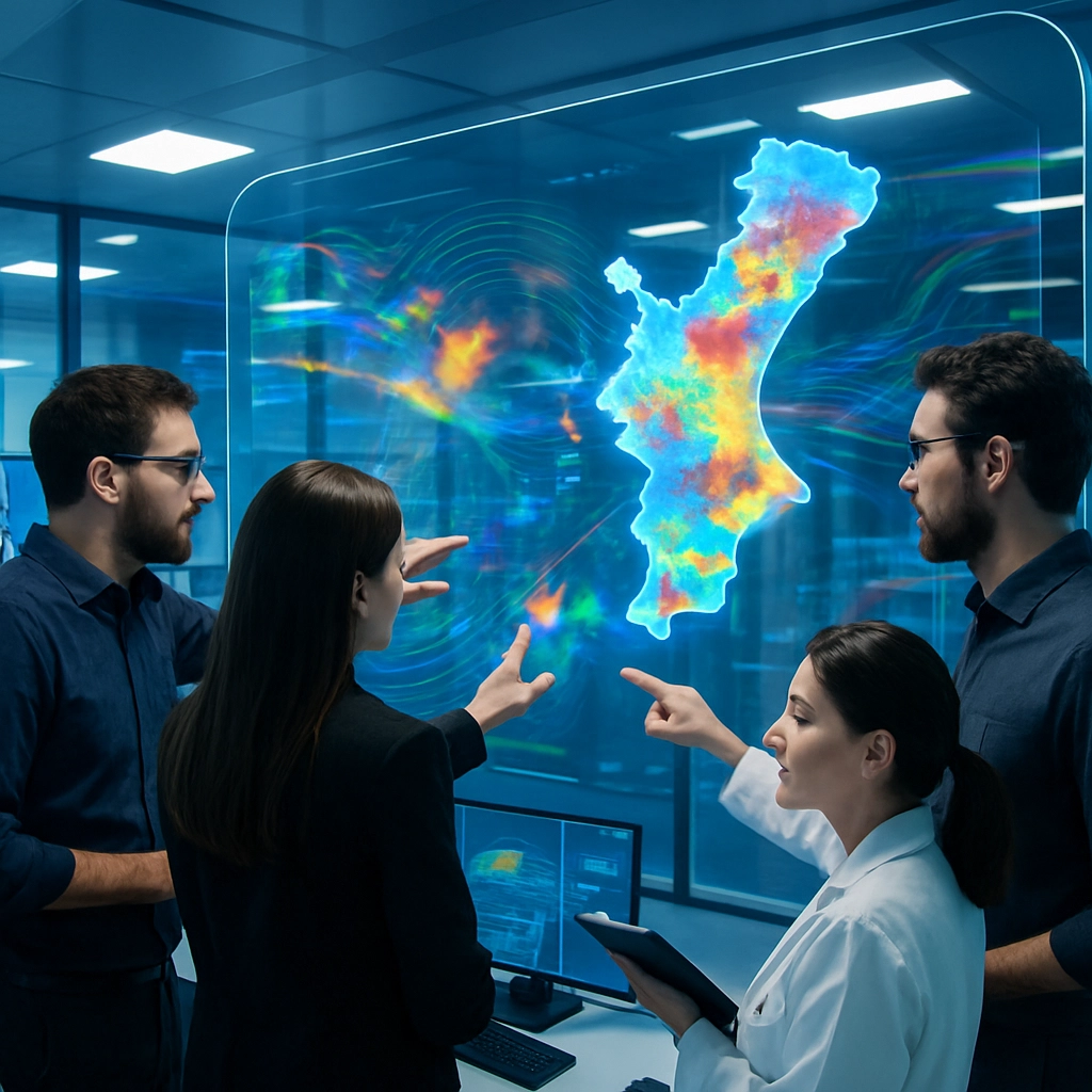 A futuristic but realistic medical control room, inspired by a Valencian hospital setting. A dedicated team of three data scientists and a doctor are standing in front of a large, clear, curved digital display. The screen shows a map of the Valencian Community overlaid with colorful, abstract heat maps and data flow visualizations – no letters or numbers are visible. The team is pointing at different sections of the screen, collaborating. The lighting is blue and white, creating a clinical but innovative atmosphere. No text, letters, or words are visible on any screen, tablet, or badge.