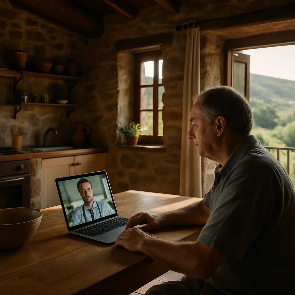 A beautifully composed, natural-light photograph of a rustic stone cottage interior in a small Spanish village. A man in his 60s, wearing a simple shirt, is sitting at a wooden kitchen table. He is looking directly at a laptop screen with a calm expression. On the screen, a doctor's face is visible, speaking to him. In the background of the man's home, you can see open windows and a view of the green, hilly countryside. The mood is intimate, trust-filled, and proves the concept of care without distance. No text, letters, or words are visible on the laptop screen or any other object.